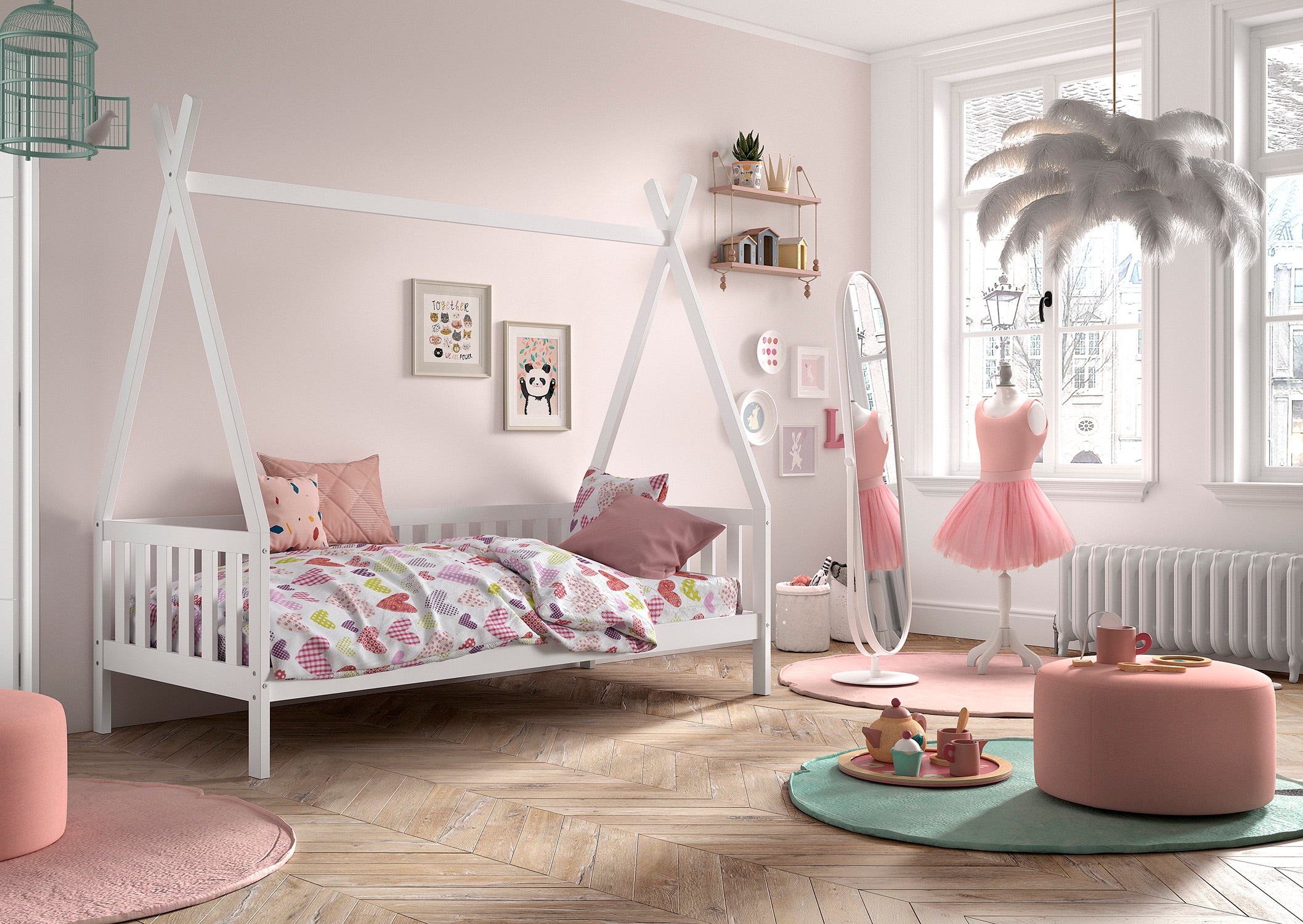 Vipack Massivholzbett »mit Tipi Dach, seitlich und hinten mit Sprossenumrandung« Liegefläche 90/200 cm inkl. Massivholz Rollattenrost,  Korpus aus massiver Kiefer, weiß lackiert