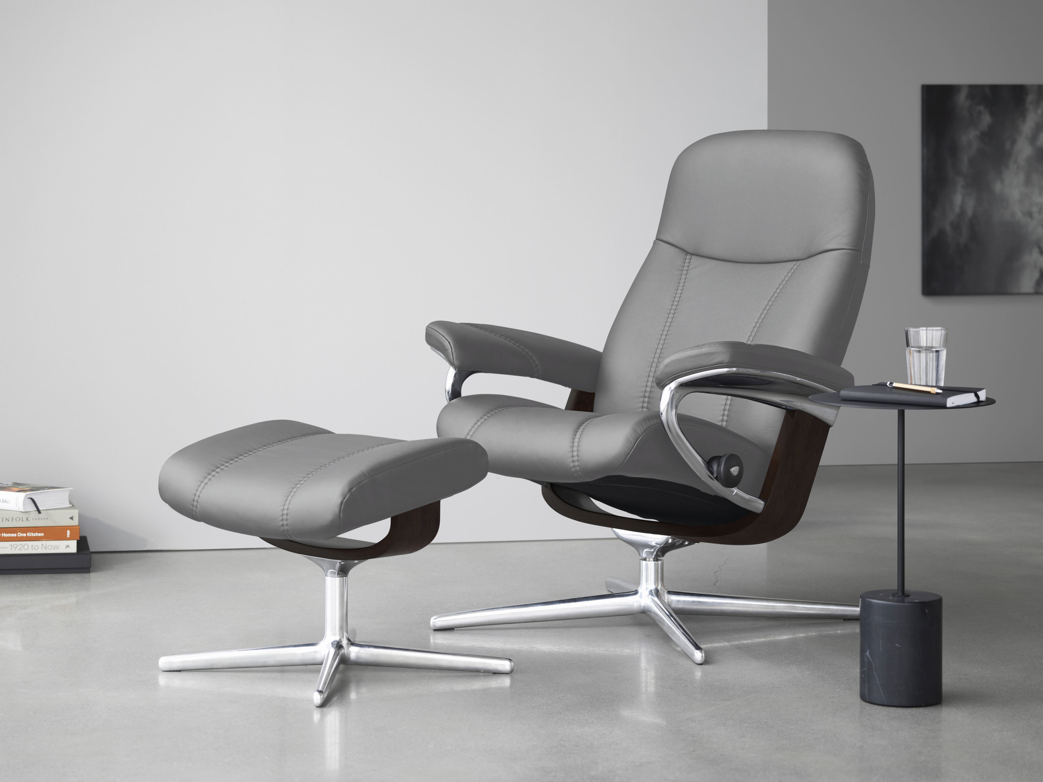 Stressless Relaxsessel "Consul" Set, Relaxsessel mit Hocker, mit Hocker, mit Cross Base, Größe S, M & L, Holzakzent Braun