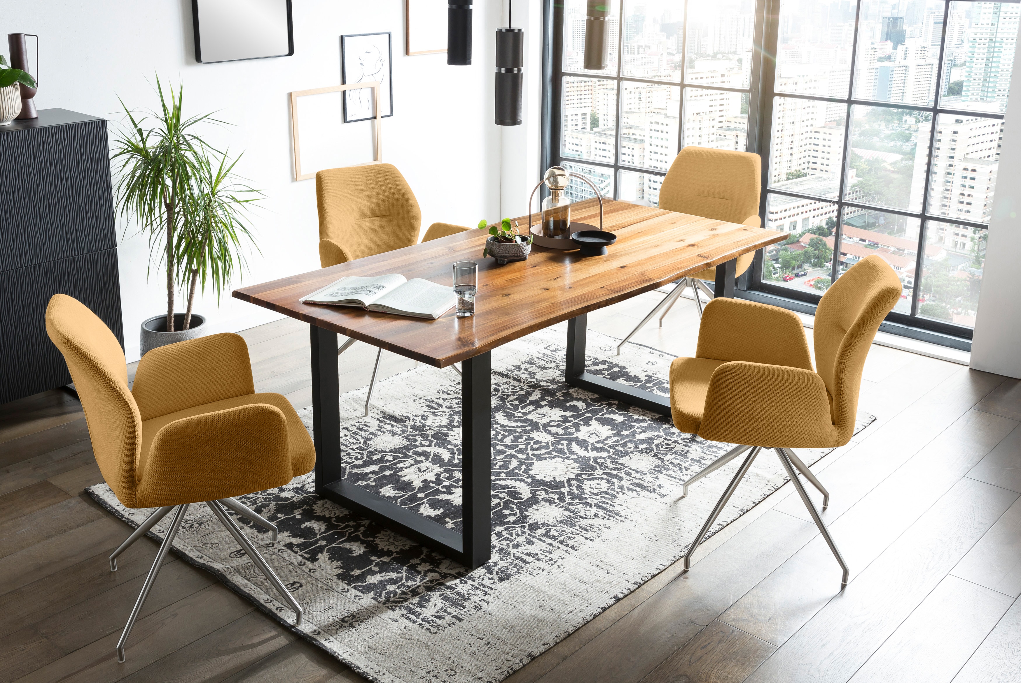 Essgruppe SALESFEVER, gelb, Edelstahl, Massivholz, Metall, Polyester, Sitzmöbel-Sets, "Tischgruppe für gemütliche Familienabende", Tischplatte mit