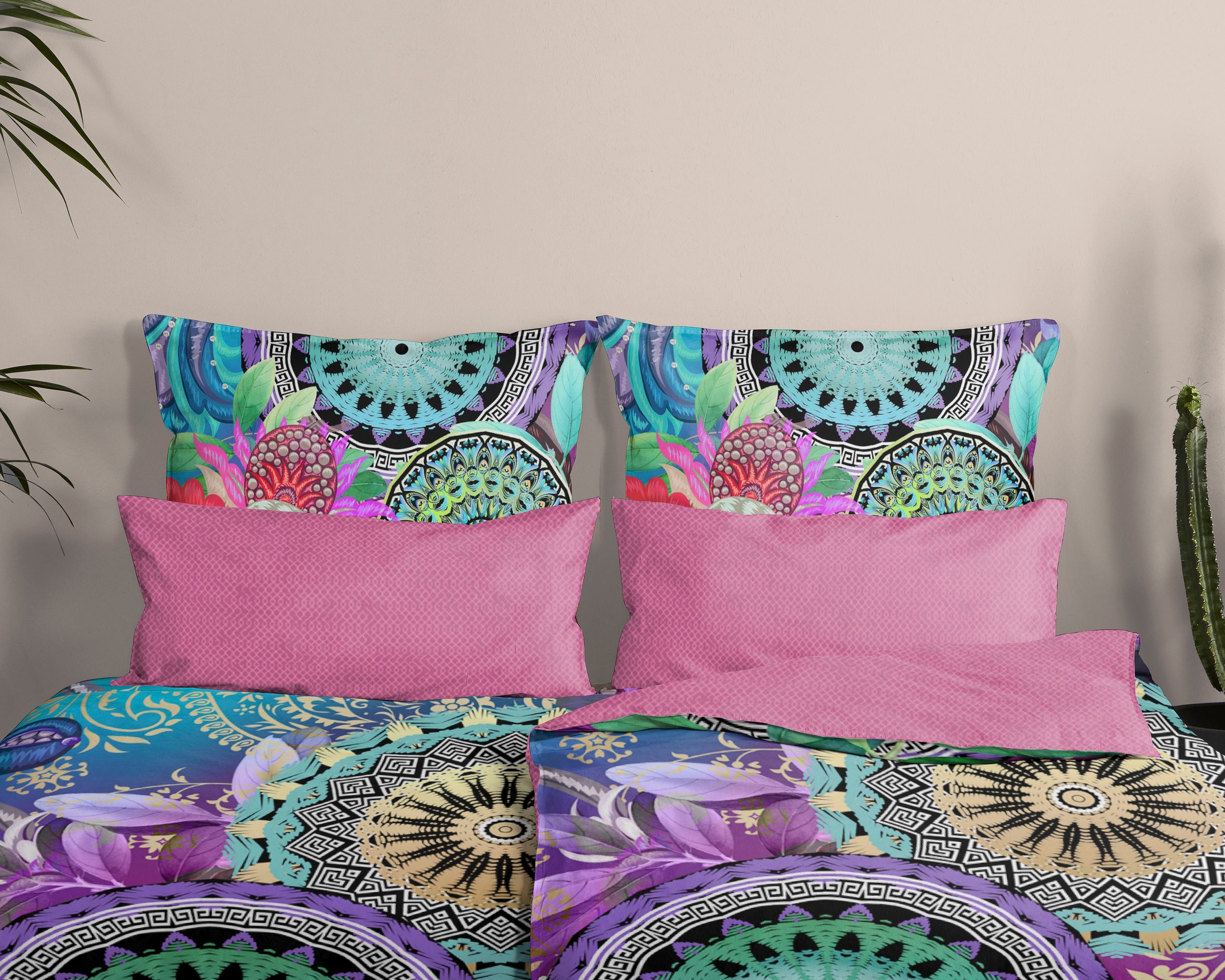 Thumbnail - hip Wendebettwäsche "Axelle" 2 Stk. tlg. Mako-Satin, 135x200, Reißverschluss, Wendeoptik, Mandala, Bunt, Lila