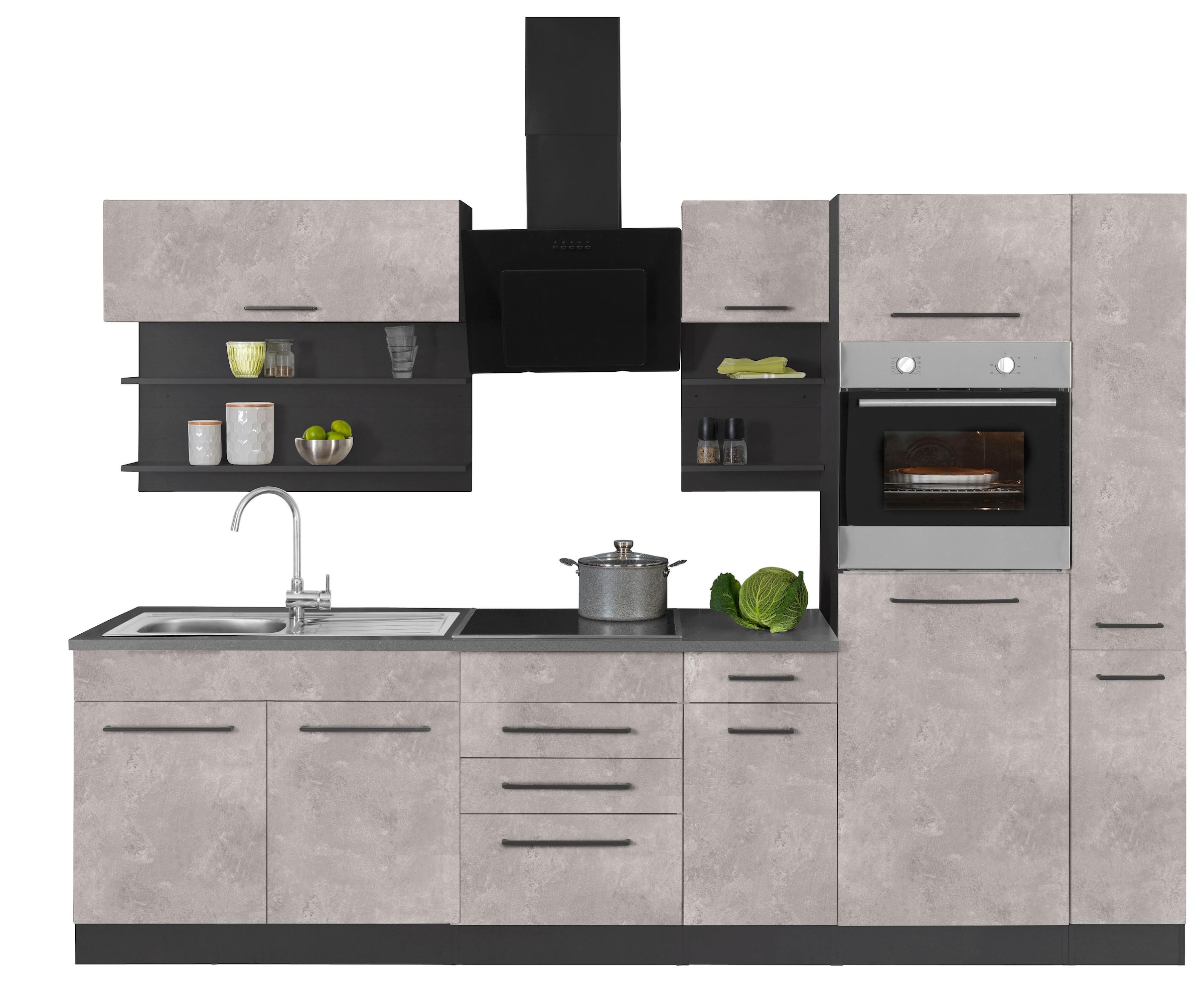 KOCHSTATION Küchenzeile »KS-Tulsa«, ohne E-Geräte, Breite 300 cm, schwarze Metallgriffe, MDF Fronten
