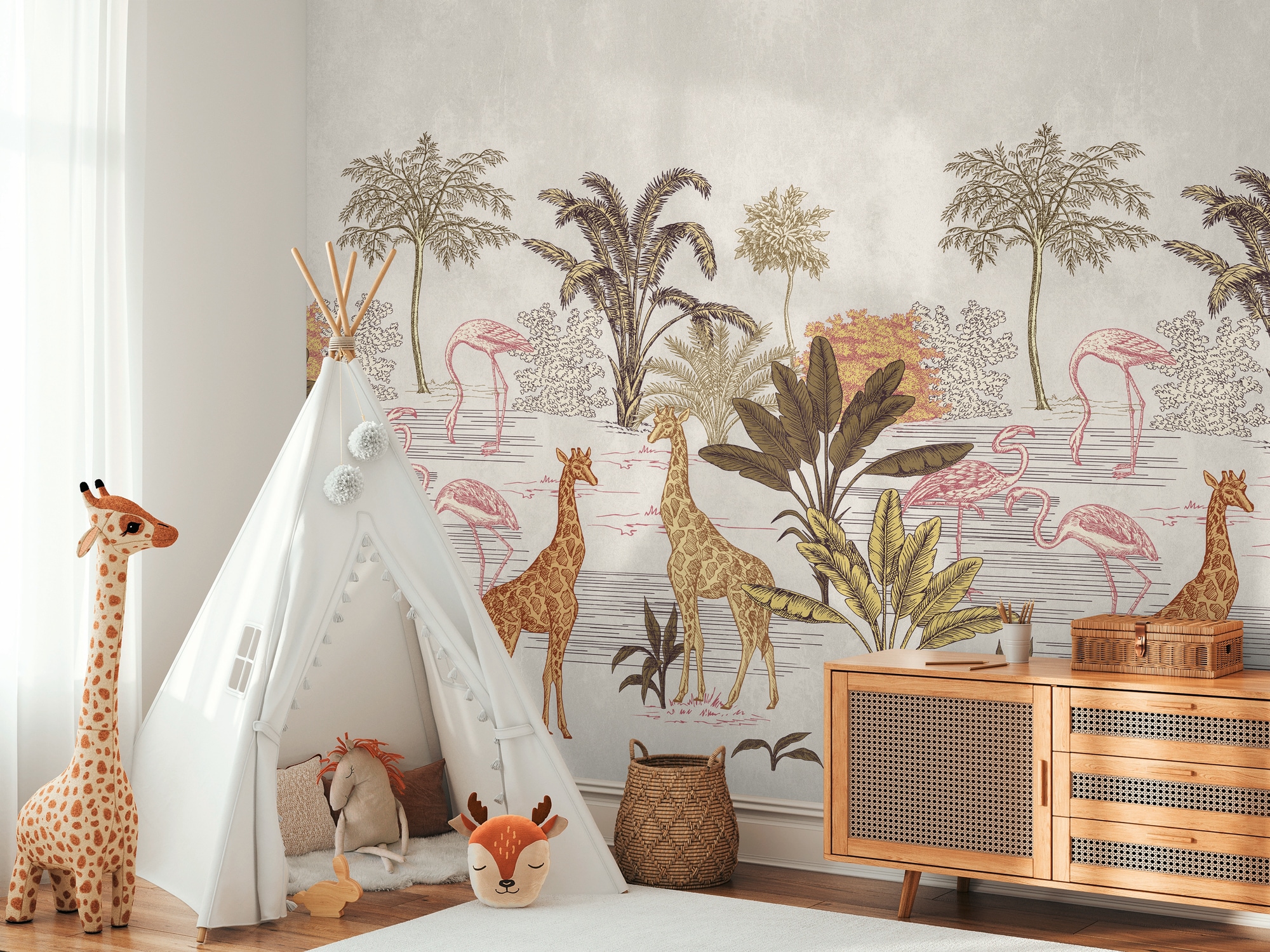 living walls Fototapete "THE WALL III Safari Tapete Motivtapete Kinderzimmer Tiere" matt glatt Vliestapete Tiertapete für Schlafzimmer Wohnzimmer Safari Design Flur