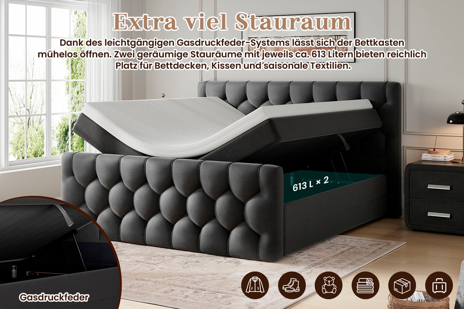 OTTO home Boxbett »BASILL, Polsterbett mit Bettkasten und Taschenfederkernmatratze H3« mit 7cm Komfortschaum-Topper, Samt-Bezug, 180x200cm