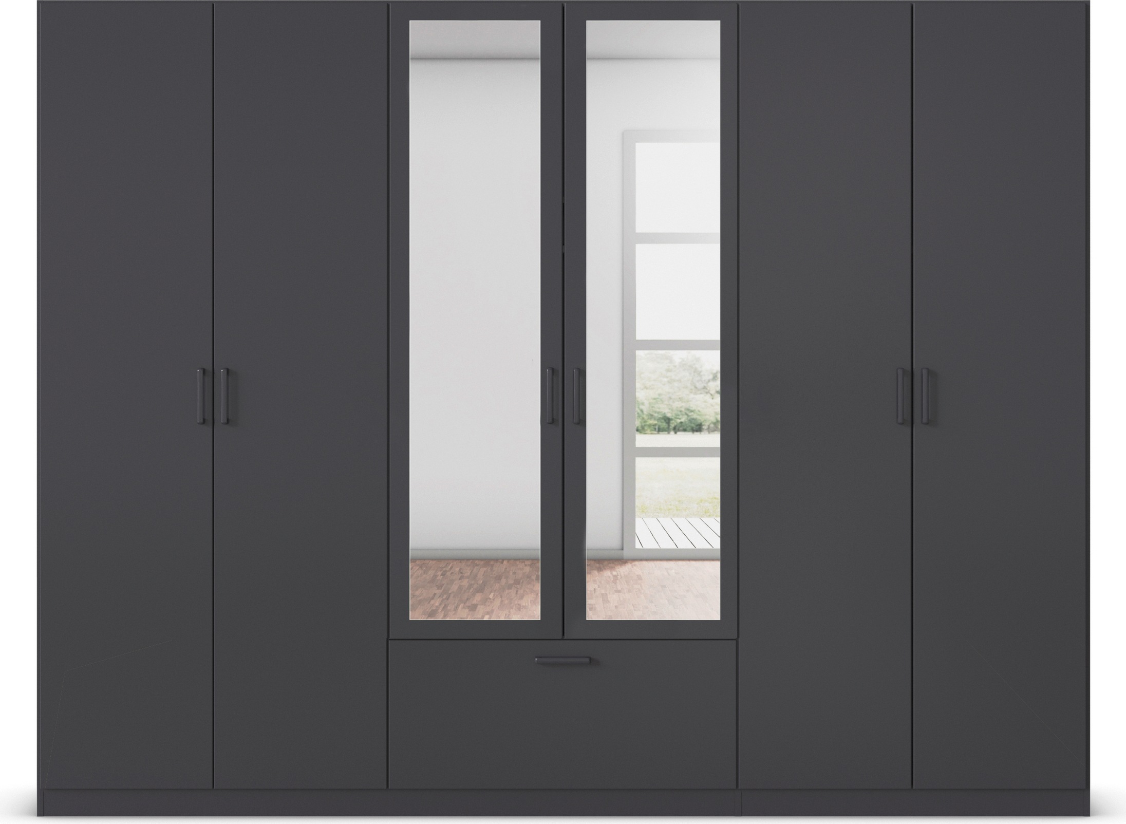 rauch Drehtürenschrank »Kleiderschrank Schrank Garderobe Wäscheschrank BARI mit Spiegel«, mit Schubasten mittig, moderner Griff in Graumetallic MADE IN GERMANY