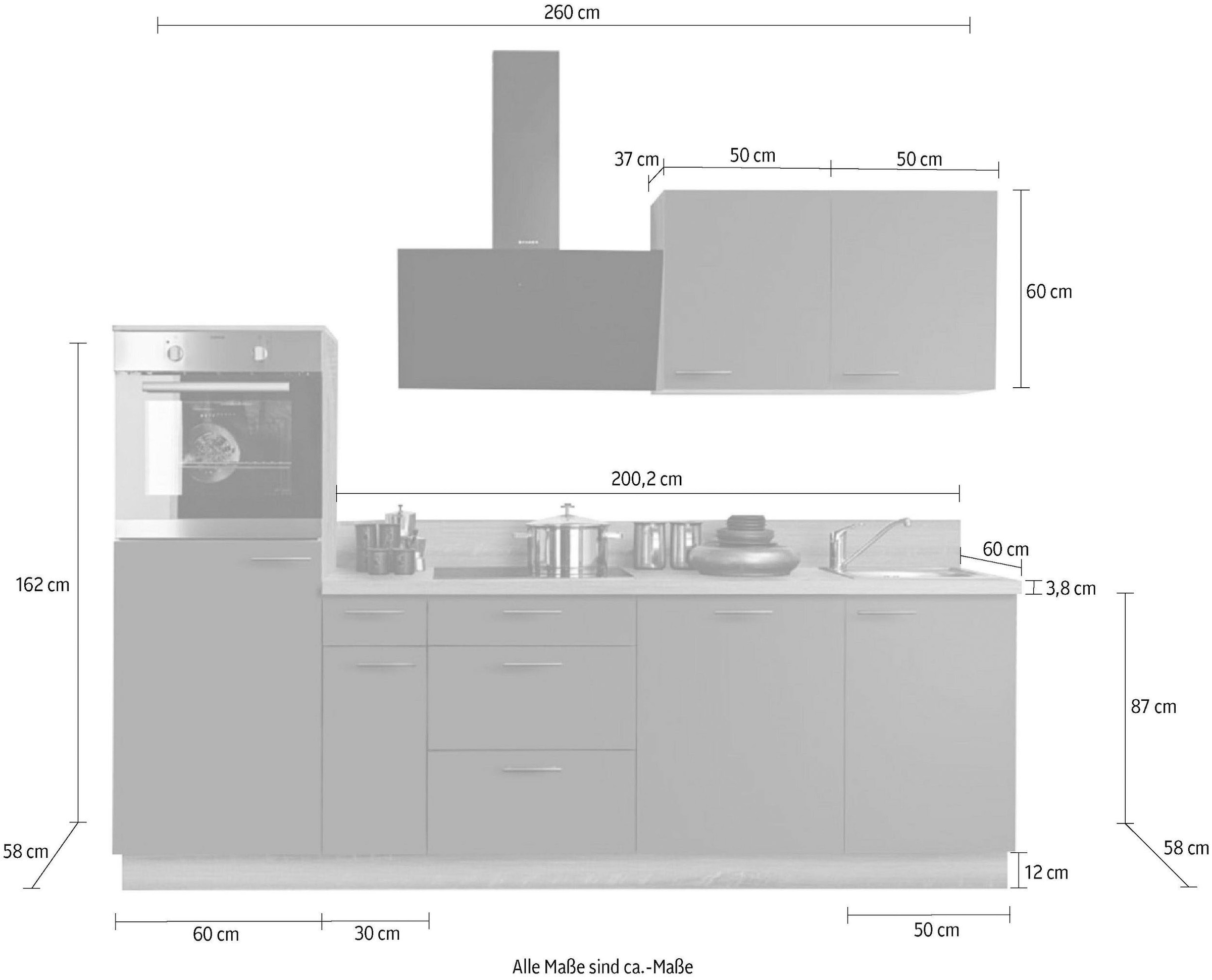 Express Küchen Küchenzeile »KS-Scafa, vormontiert, mit höhenverstellbaren Füßen, vormontiert, mit«, Soft-Close, wahl. mit E-Geräten inkl. Geschirrspüler, Breite 260 cm