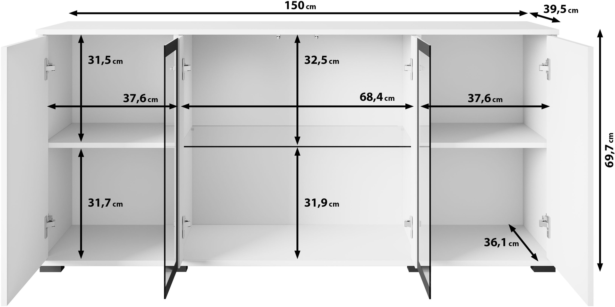 INOSIGN Sideboard »Caro, modernes Design mit Glaseinsätzen, Breite 150 cm«, (1 St.), Grifflose Fronten mit Push-to-Open, höhenverstellbare Einlegeböden