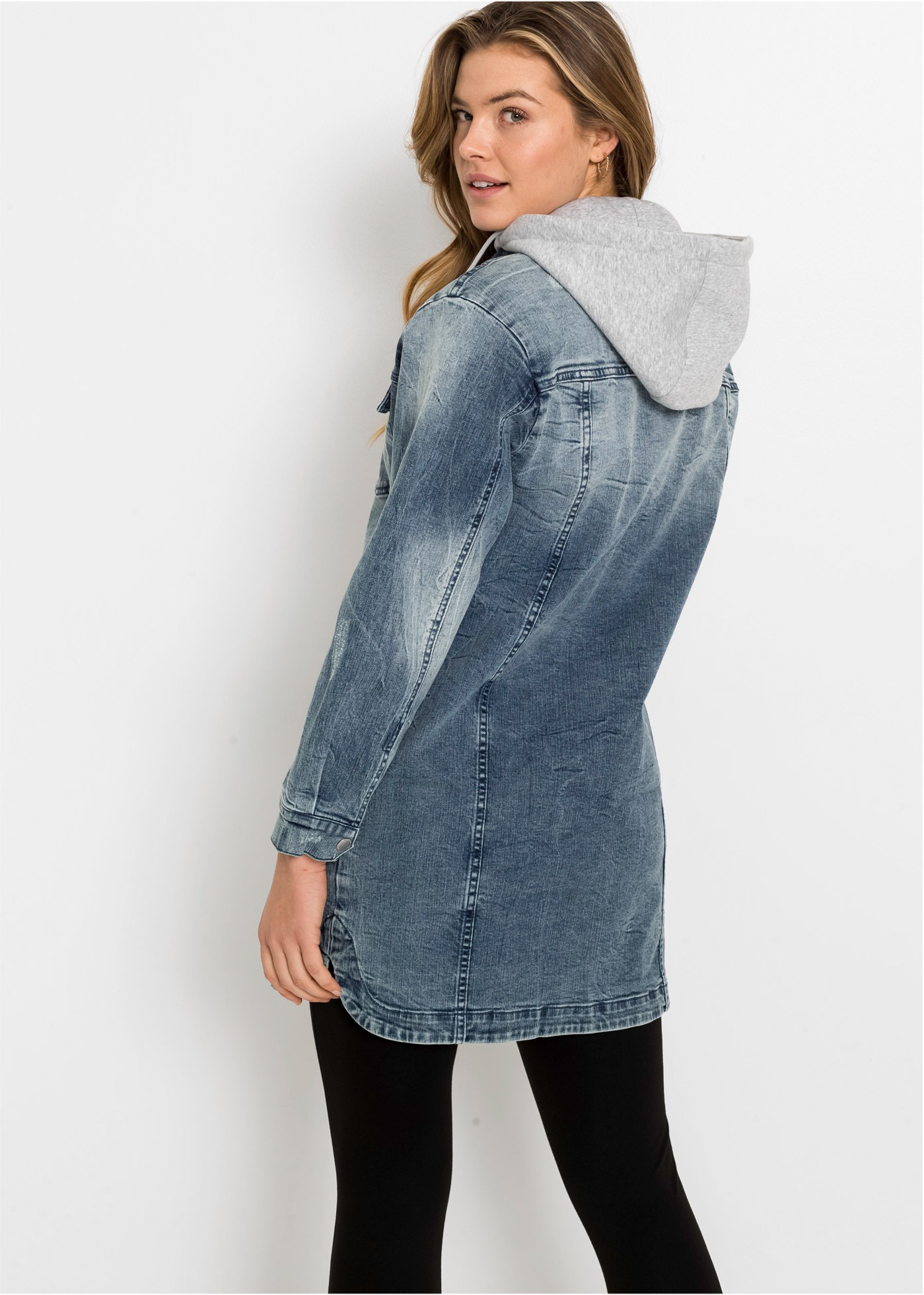 bonprix Jeansjacke mit Kapuze lange, bequeme Passform, mit Eingriffs- und B günstig online kaufen