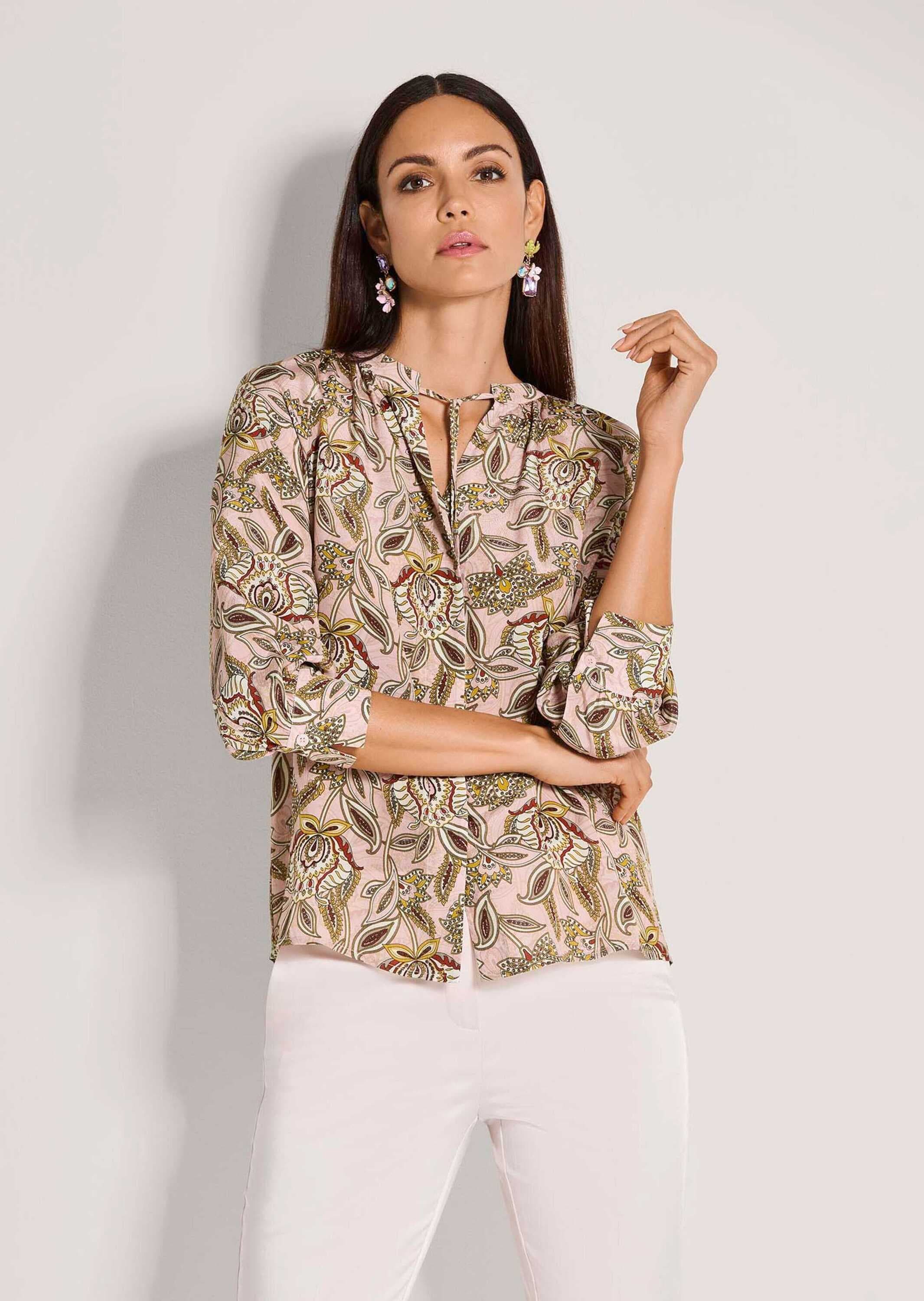 MADELEINE Kurzarmbluse »Blusenshirt Schlupfbluse mit floralem Muster« Feine Raffung