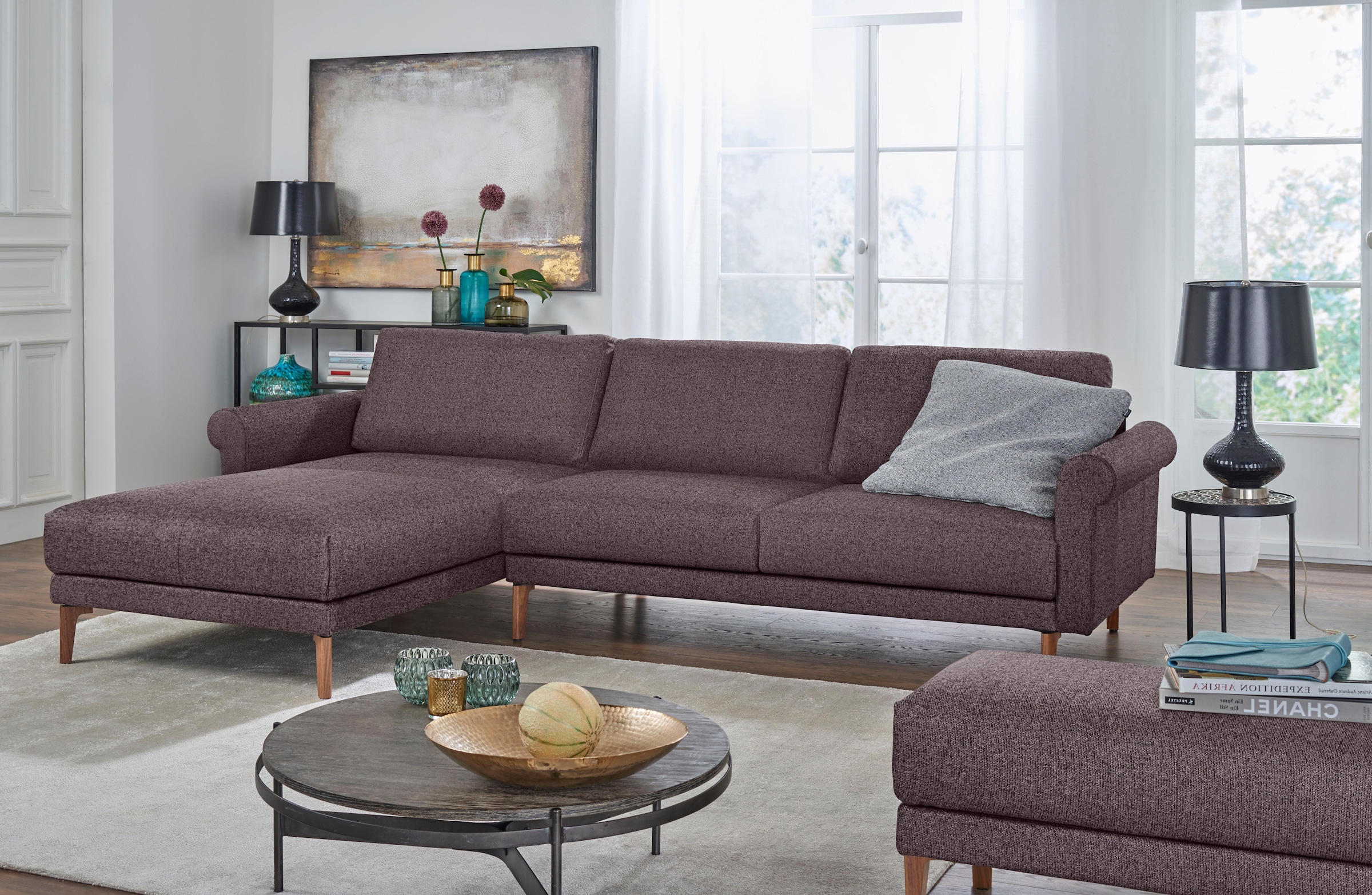 Creation BY ROLF BENZ Ecksofa "CR.450, Designecksofa, L-Form" Armlehne Schnecke modern Landhaus, Breite 262 cm, Fuß Nussbaum