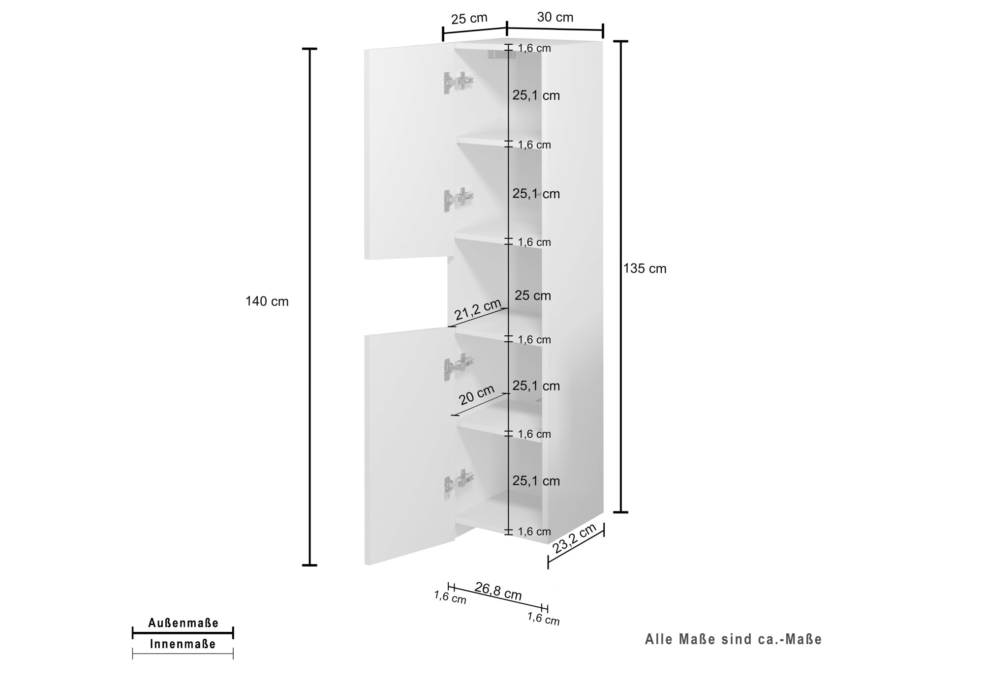 welltime Hochschrank »Vela, Hochschrank, Badschrank schmal, Badezimmerschrank, hängend« 1 Stk. tlg. Breite 30 cm, 2 hochglanzlackierte Türen, 5 verstellbare Fächer