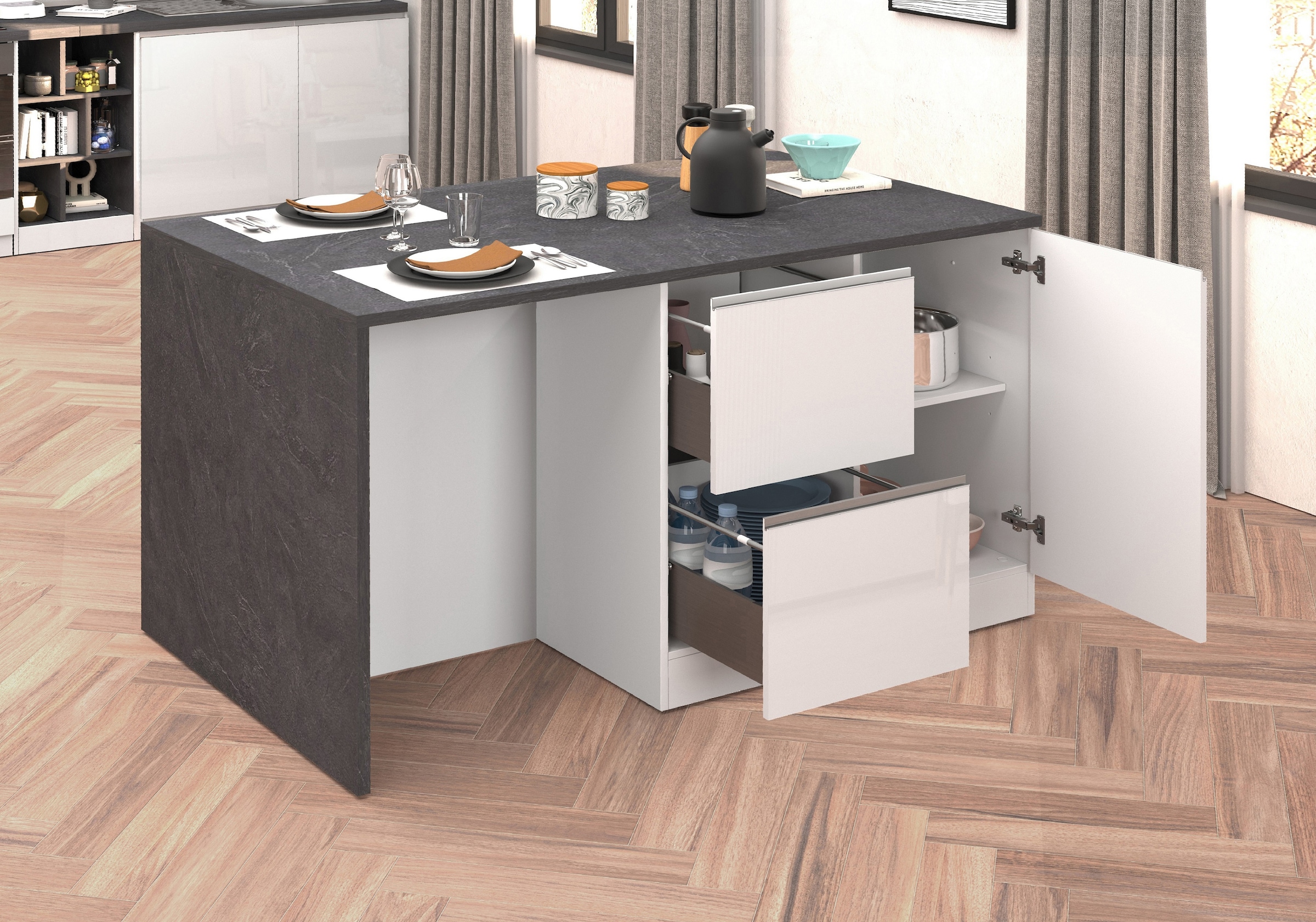 KOCHSTATION Kücheninsel »KS-Sole, Kochinsel, Küchenarbeitsblock, Inselküche, Arbeitsinsel« Breite 152,5 cm, mit Essplatz, Handtuchhalter, Fächer und Weinregal