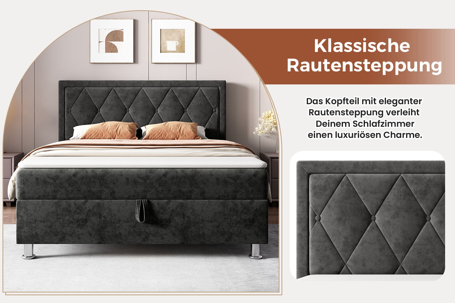OTTO home Boxbett »EMILLIAN, Polsterbett mit Bettkasten und Taschenfederkernmatratze H3« mit Kaltschaumtopper, Chenille-Bezug, Liegefläche 140x200 cm