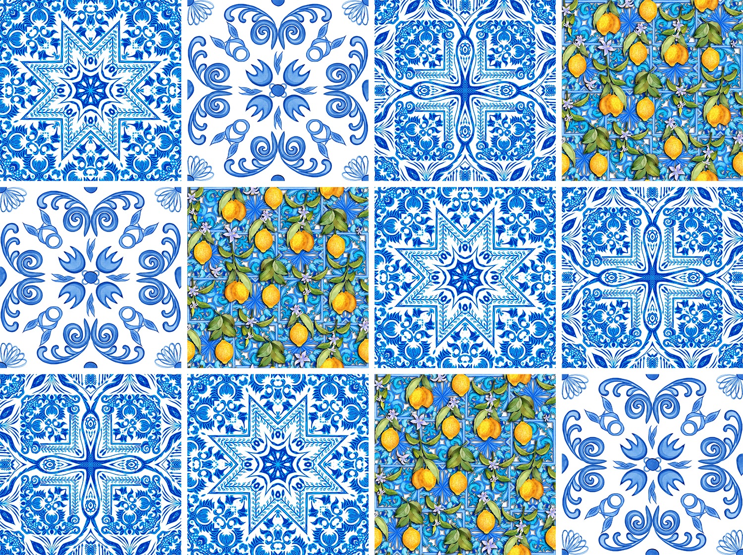 queence Fliesenaufkleber »Blaue Ornamente mit Zitronen«, (12 St.), selbstklebend, 12er Set