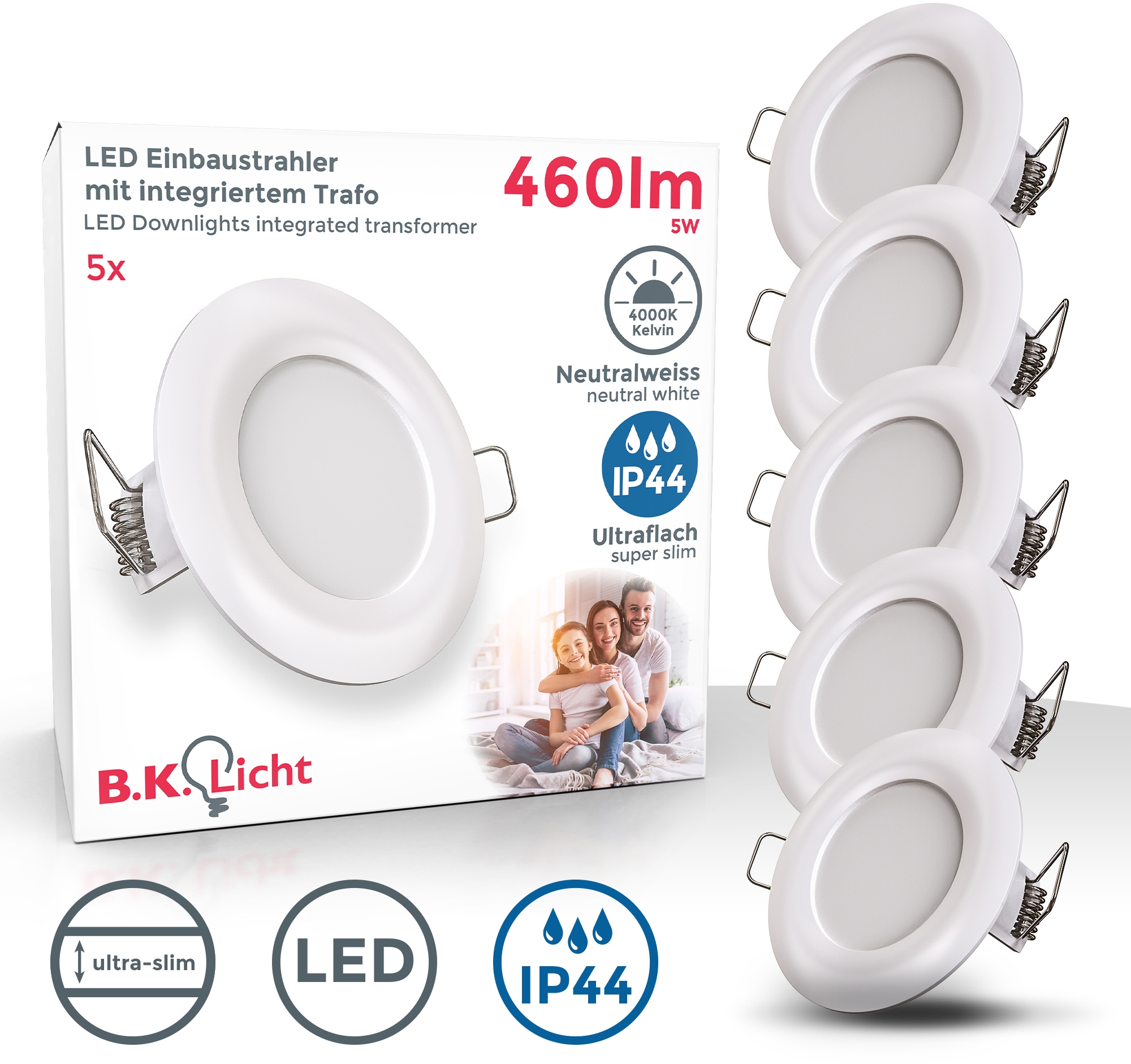 B.K.Licht LED 5er | flach Strahler 5 LED IP44 Badlampe Einbauleuchte, SET BAUR Spot Einbaustrahler 5W flammig-flammig