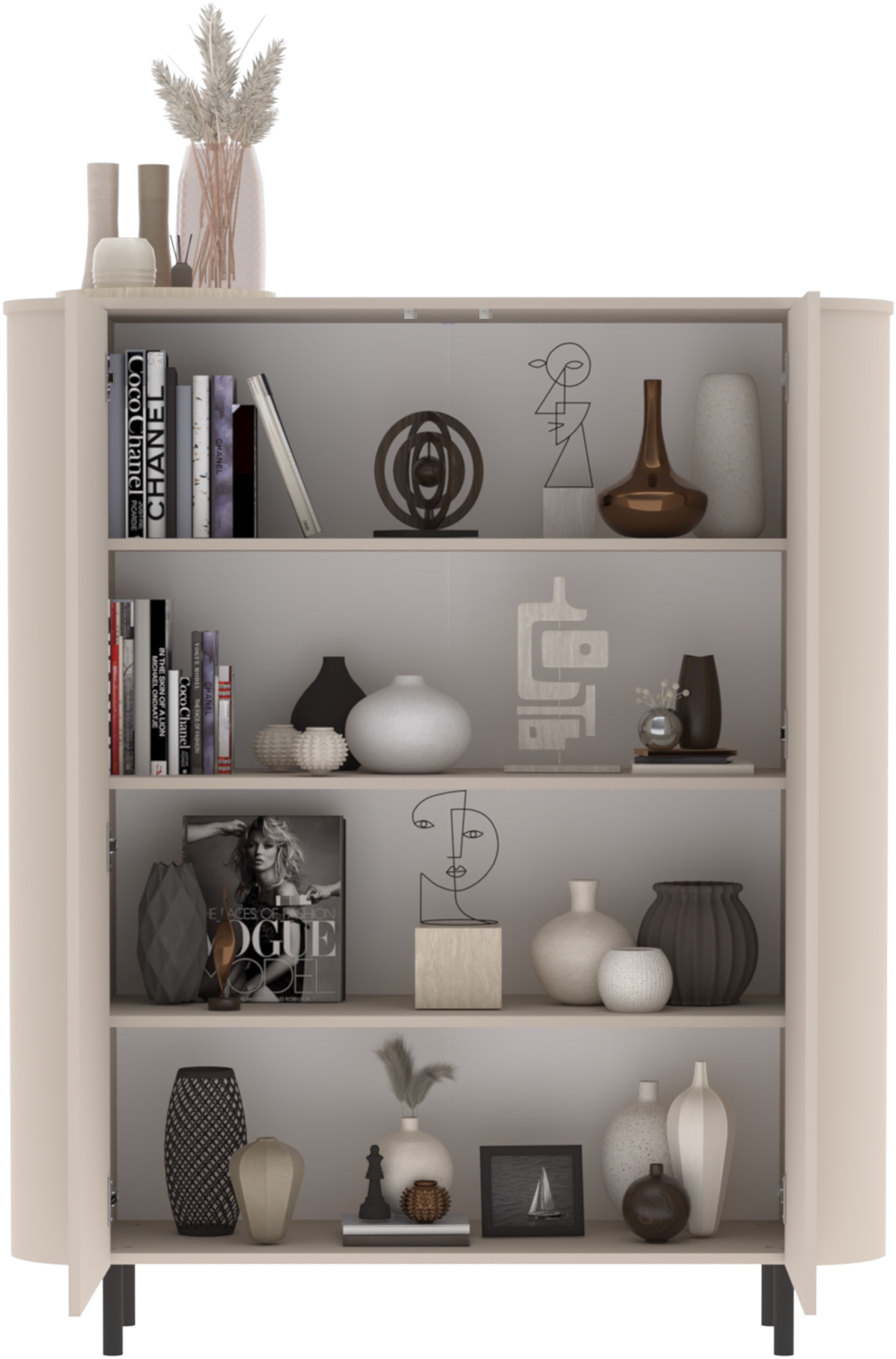 INOSIGN Highboard »Lido, B/H 131/154 cm, 2 Türen, Stauraumschrank, Hochkommode« Formgebogenes MDF, Stirnseiten mit Rundung, Push-to-open, Metallfüße