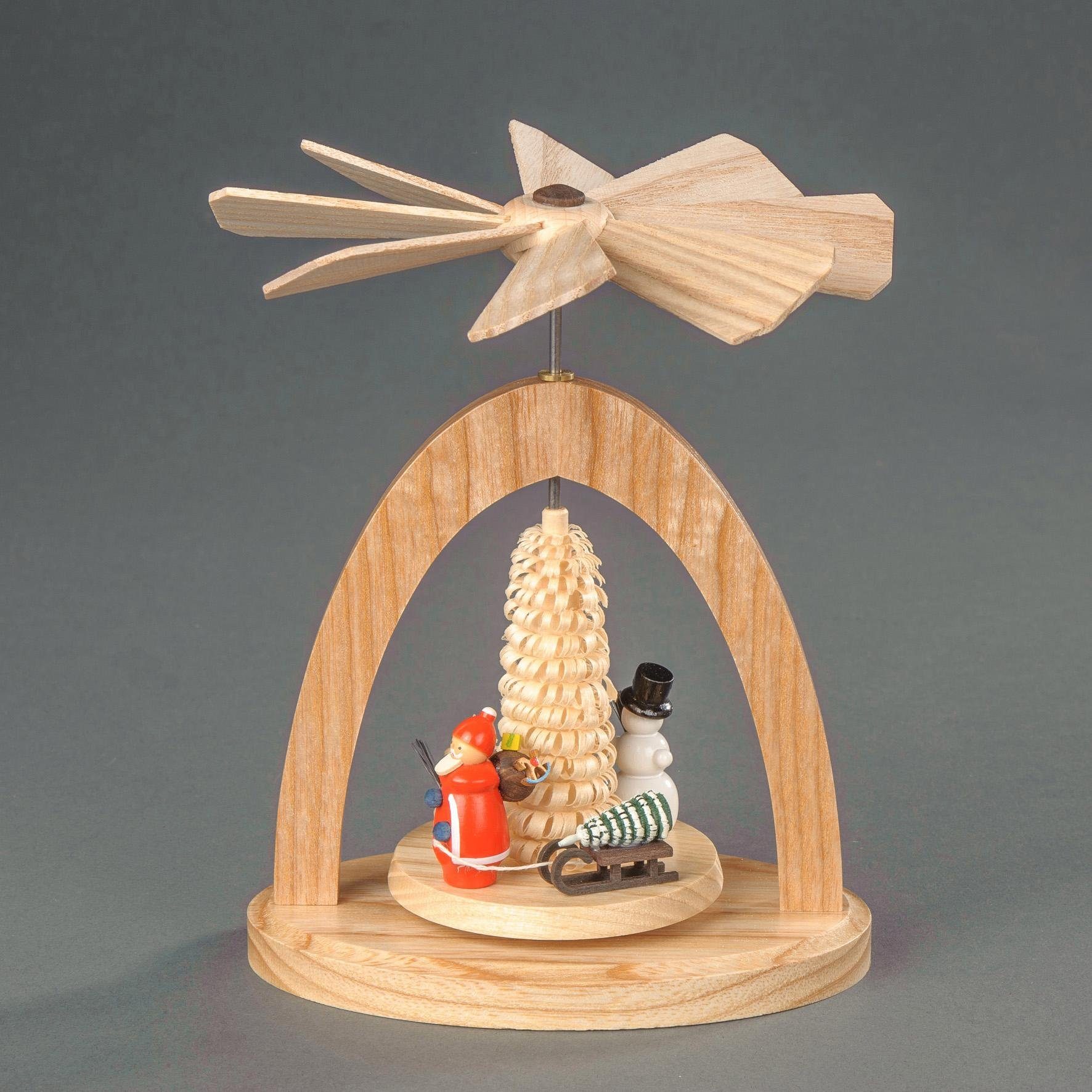 ALBIN PREISSLER Weihnachtspyramide "Wärmespiel mit Weihnachtsmann, Schlitten und Ringelbäumchen", 13cm, beige, Weihnachtspyramiden, Handwerkskunst