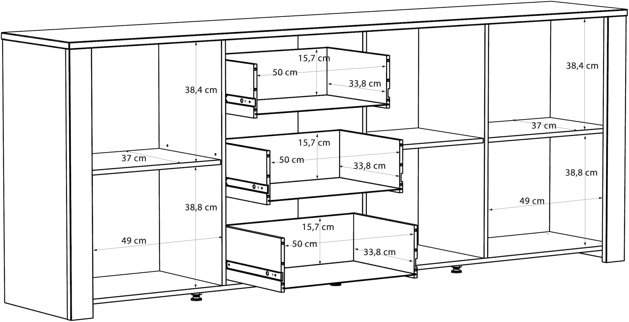 FORTE Sideboard »Bohol, großes Sideboard,Breite 2,20 mtr. Soft-Close, Stauraum« B/H/T 220,8/87/42cm, 3 Türen, 3 SK