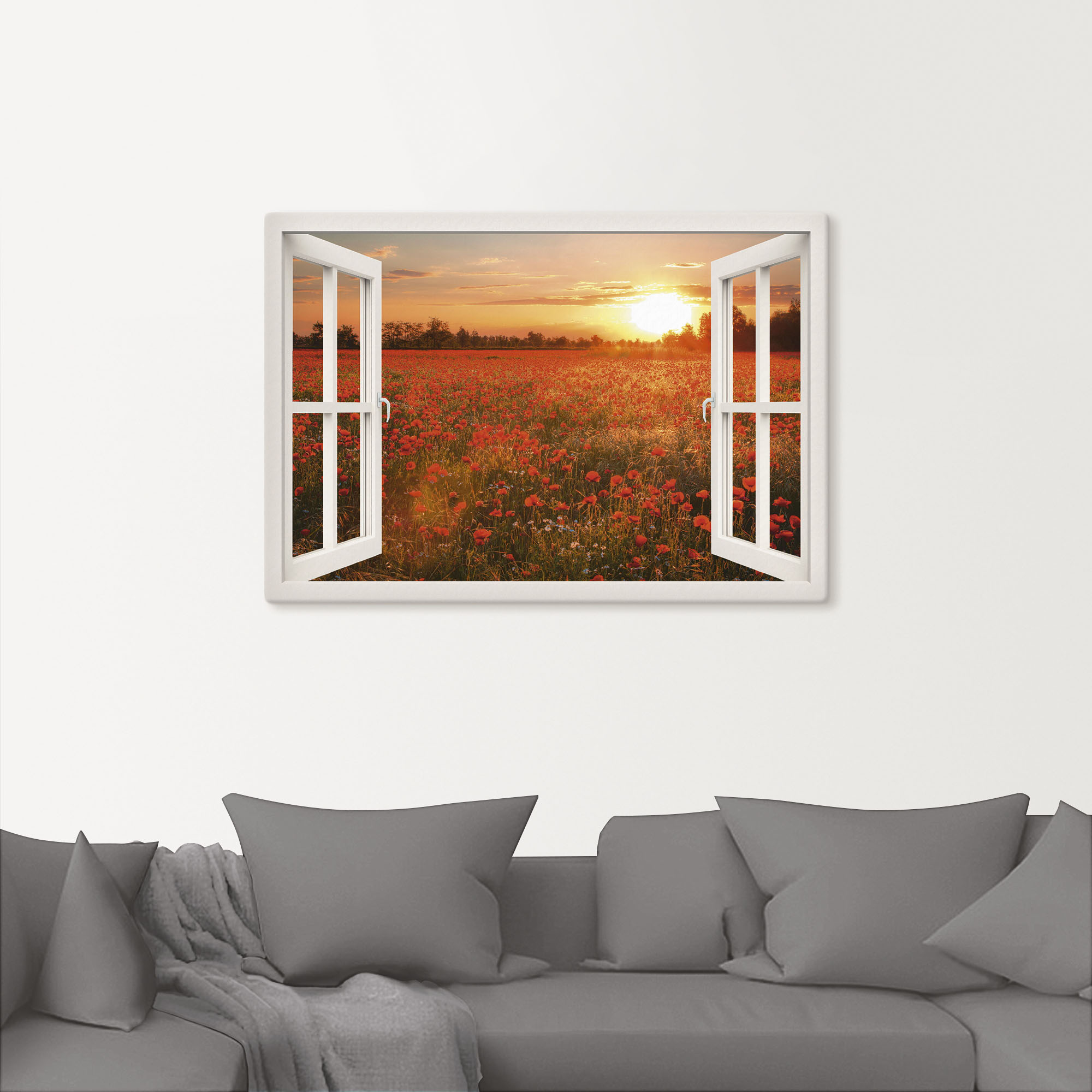 Thumbnail - Artland Wandbild "Fensterblick Mohnblumenfeld" Blumen 1 Stk. tlg. als Leinwandbild, Poster in verschied. Größen