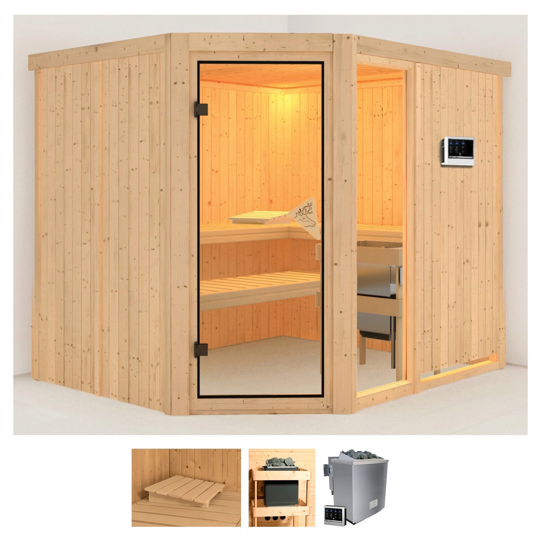 Karibu Sauna "Frigga 3" Set, Ofen 9 KW externe Strg easy