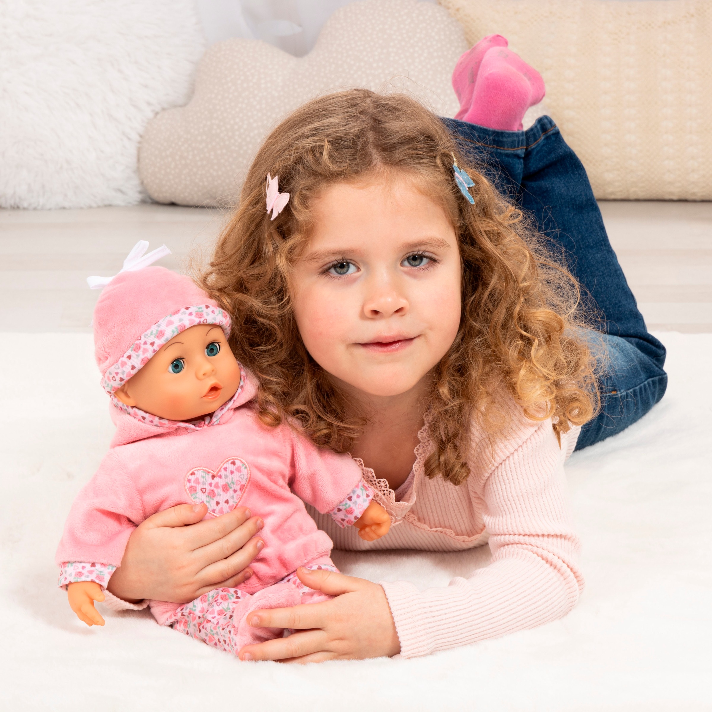 Bayer Babypuppe »First Words Baby, 38 cm, rosa«, (3 tlg.), mit Schlafaugen und Babygeräuschen