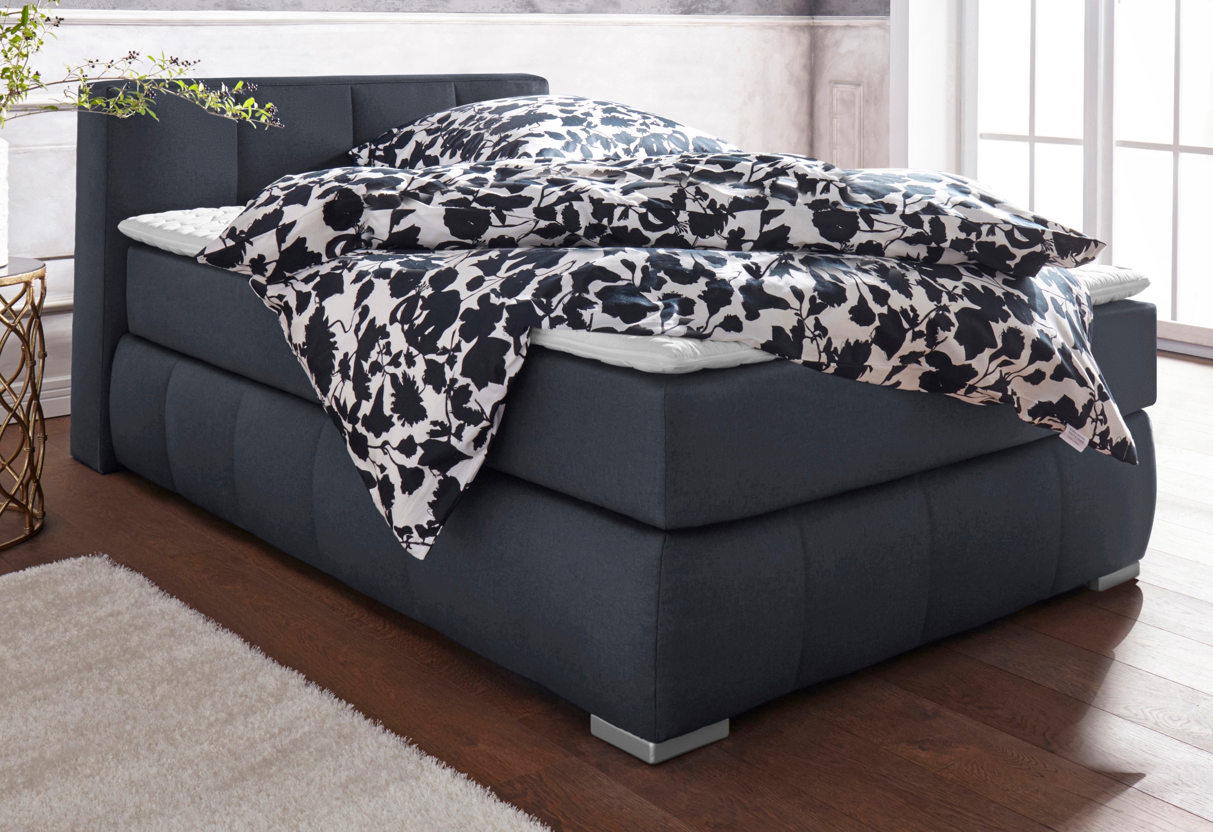 Boxspringbett HOME AFFAIRE "Chelles", grau (anthrazit), B:147cm L:225cm, Samtoptik (100% Polyester);Bezug der Spiegelfläche Matratzendrell aus 100% Polyester;Struktur fein 100% Polyester), Komplettbetten, Boxspringbett, inkl. Kaltschaumtopper, in 5 Breite 10