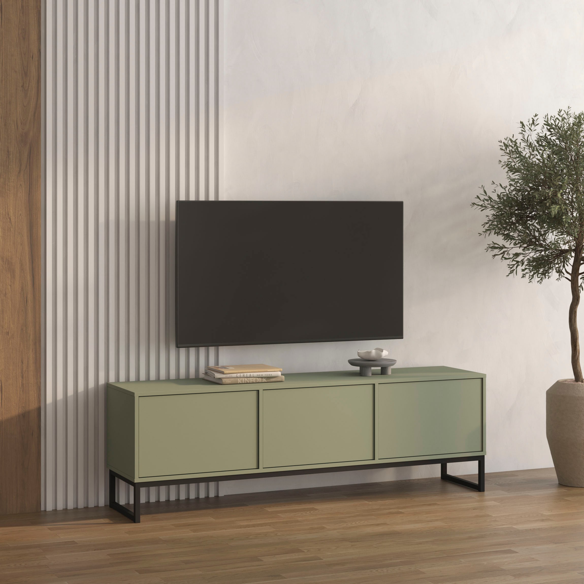 OTTO home Lowboard "Loft, Breite 157 cm, TV-Board 3 Klappen, Metallkufen" TV-Kommode mit viel Stauraum, push-to-open-Funktion