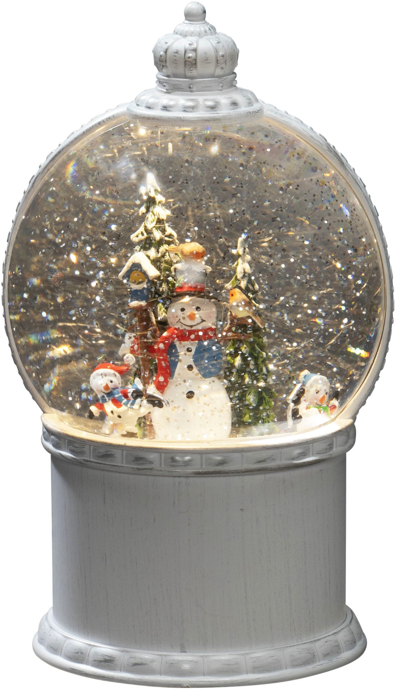 KONSTSMIDE LED Dekoobjekt "LED Kugellaterne, "Schneemann mit Baum", weiß, 1 warm weiße Diode", weiß, 1, Ø 12,5cm H: 21cm, 1 Stk., Leuchten, wählbare Energieversorgung zwischen USB oder Batteriebetrieb, 5h Timer