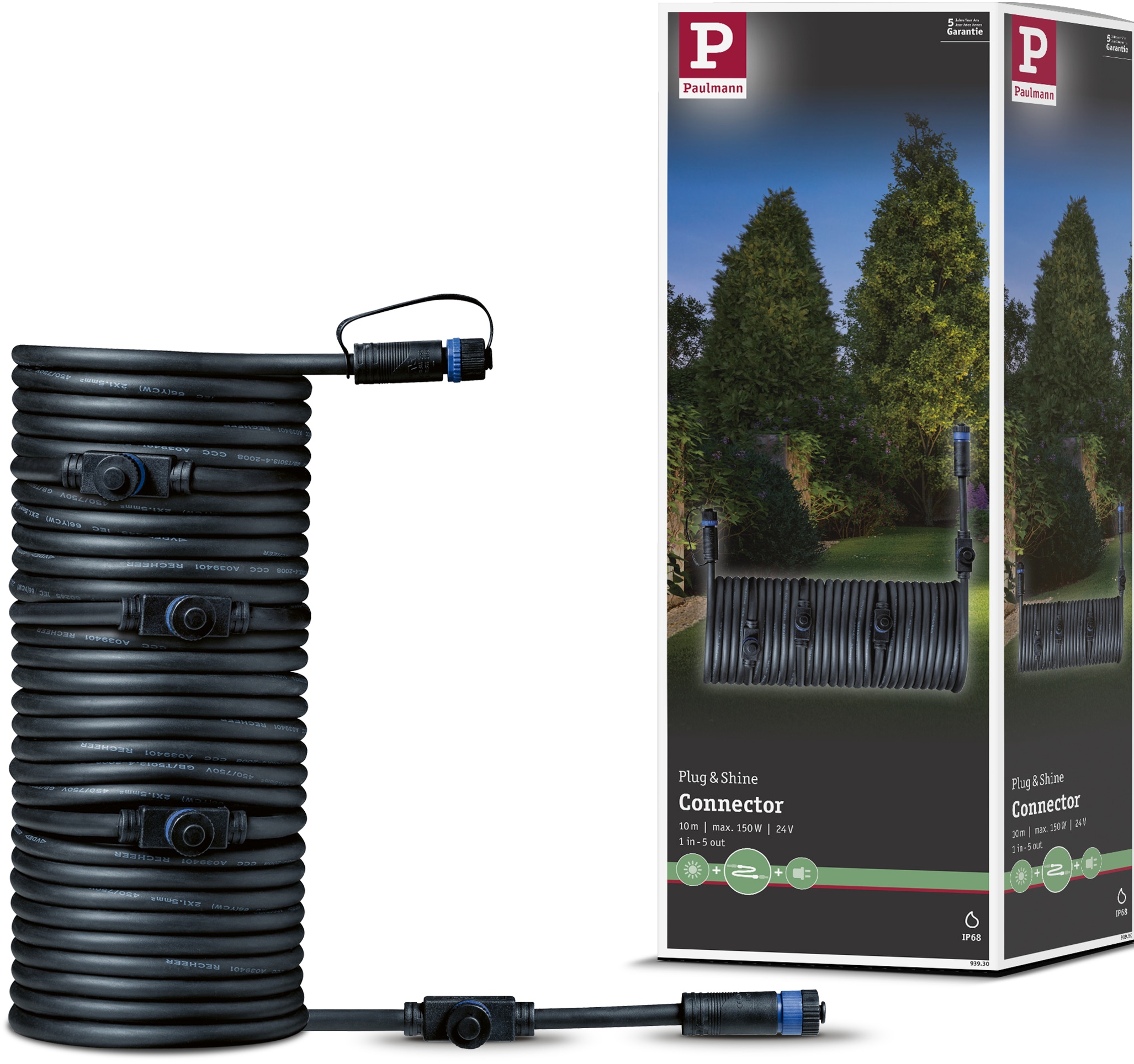 Lampen-Verbindungskabel PAULMANN, Ø:18,4mm, schwarz, Kabel, "Outdoor Plug&Shine 10m IP68", 1 in - 5 out