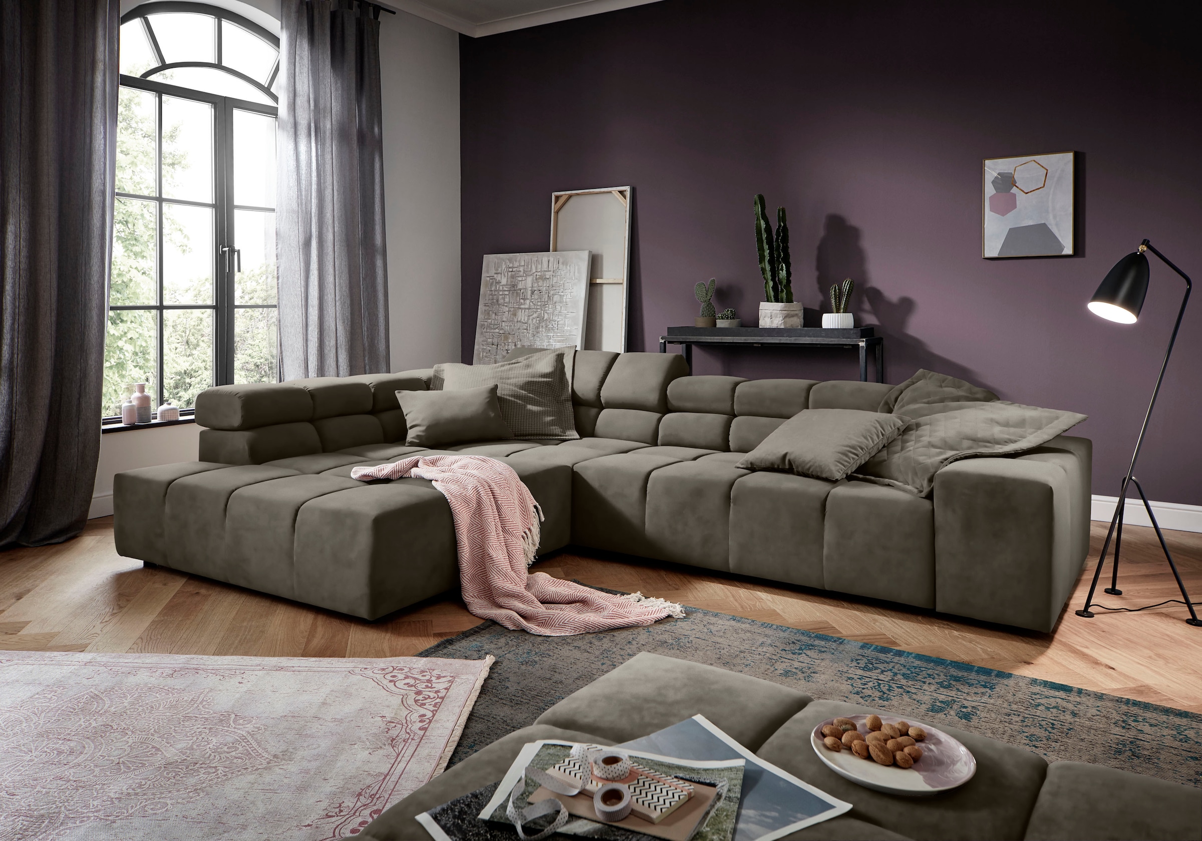 INOSIGN Ecksofa »Ancona incl. Kopfteilverstellung, Zierkissen Breite 319cm, L-Form«, wahlweise motorische Sitztiefenverstellung, auch in Cord + Easy Care