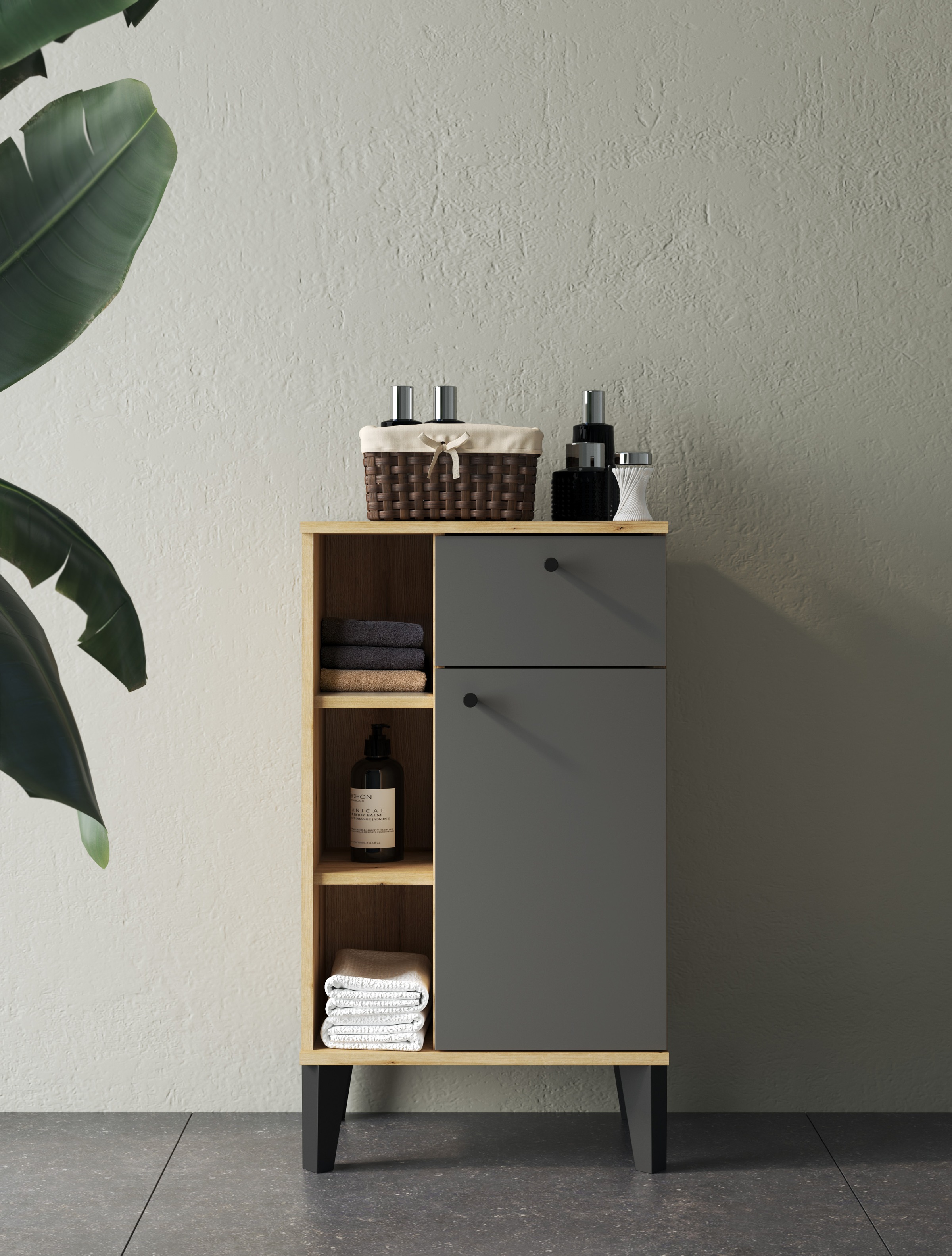 INOSIGN Midischrank »Oslo, Badschrank mit Knopfgriff, Schrank im skandinavischen Design«, in der Türfarbe Weiß oder Grau verfügbar, ausreichend Stauraum