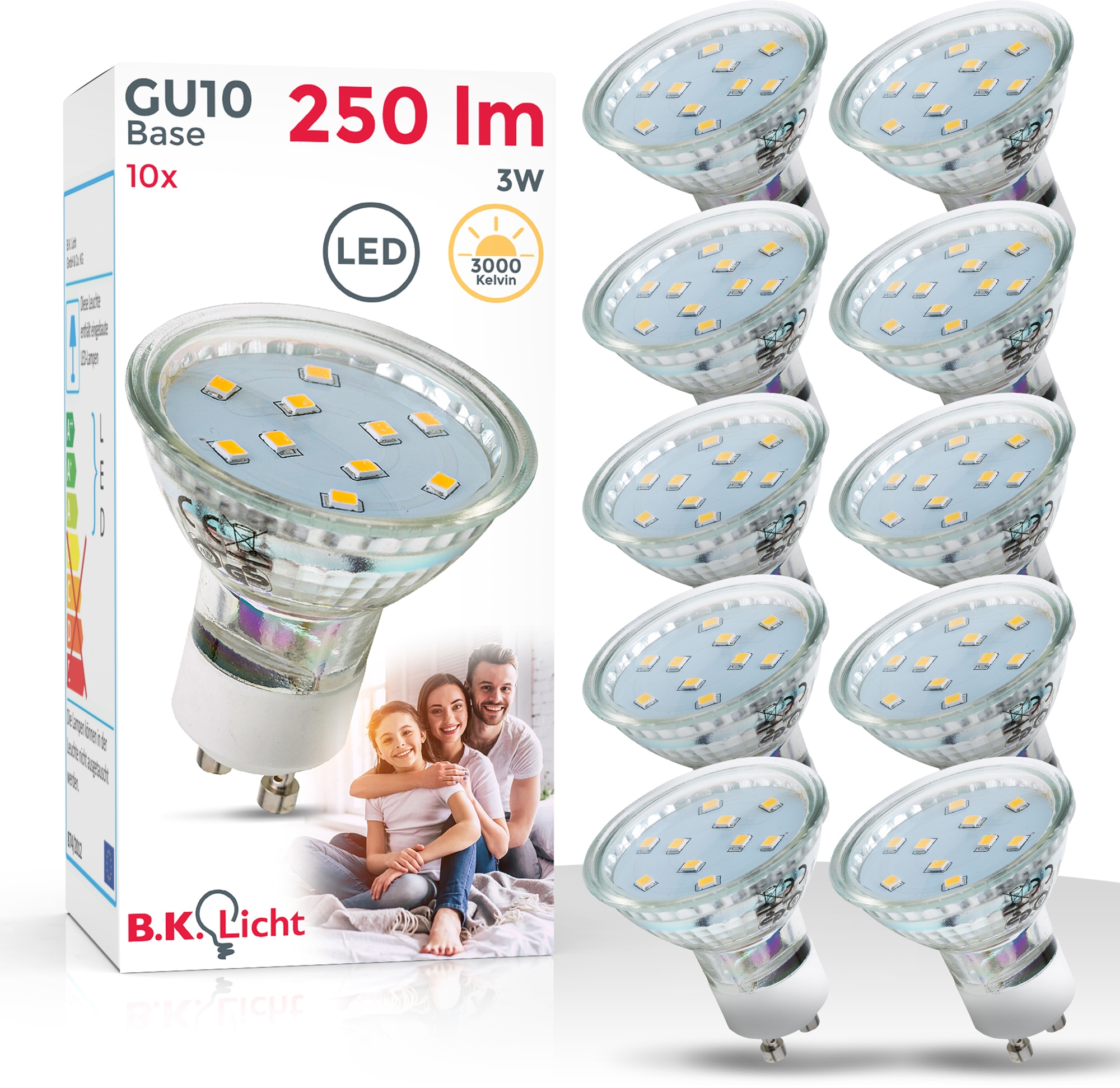 B.K.Licht LED-Leuchtmittel, GU10, 10 St., Warmweiß, LED Lampe Glühbirne 3 Watt 250 Lumen SET 3.000 Kelvin Energiesparlampe