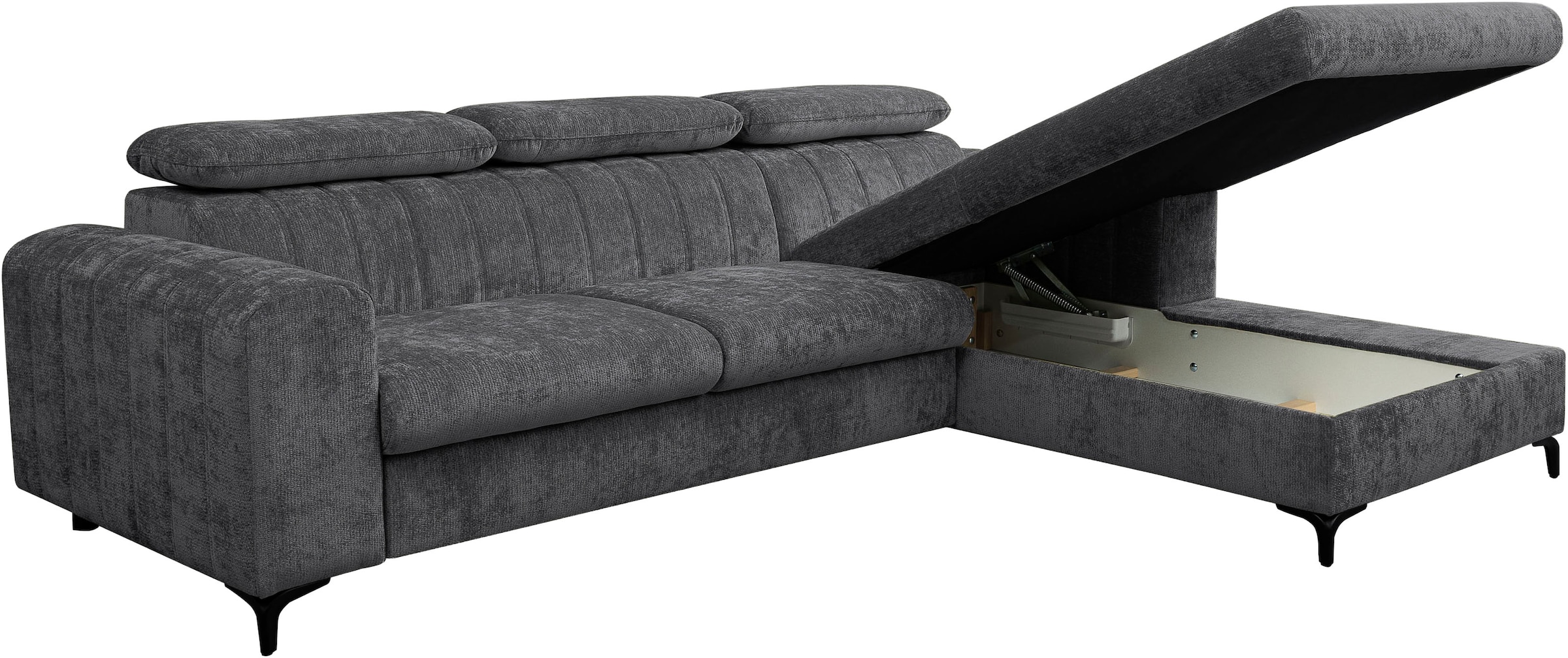 WERK2 Ecksofa »Foster inkl. Schlaffunktion & Bettkasten, bodenfrei, Chenille, bequem« 3 verstellbare Kopfstützen & Pfeifensteppung im Retro-Look, L-Form