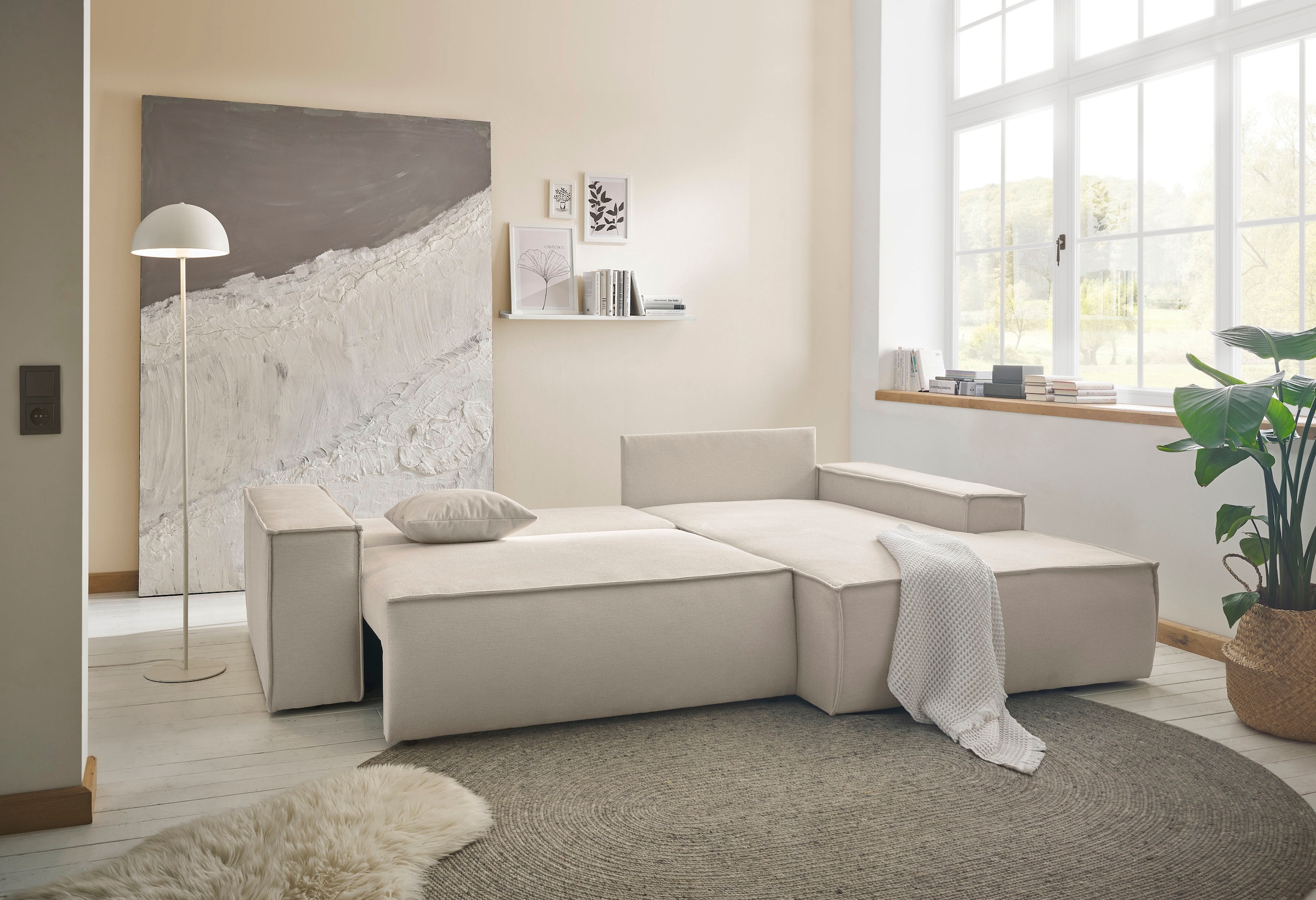 andas Ecksofa »Finnley Schlafsofa 267 cm in Bouclé, Struktur fein u. Cord, L-Form,«, Schlaffunktion m. Bettkasten (136/210 cm), Bouclé, Struktur und Cord