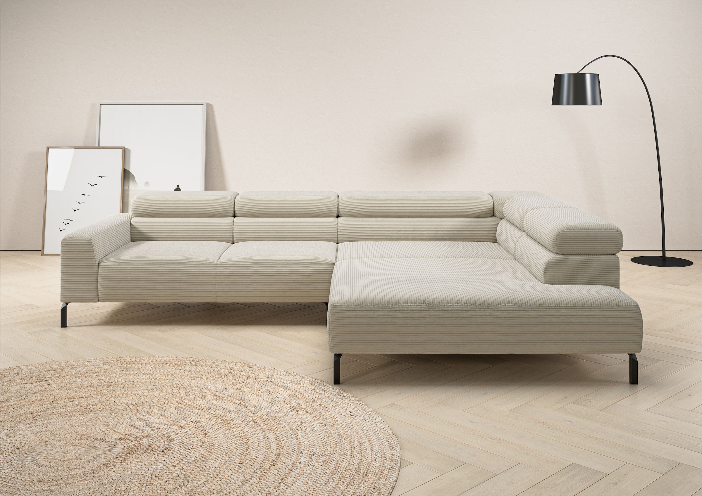 Home affaire Ecksofa "Antonelli, L-Form, incl. Kopfteilverstellung, Breite 312 cm" ohne Sitztiefenverstellung, in Cord, natur