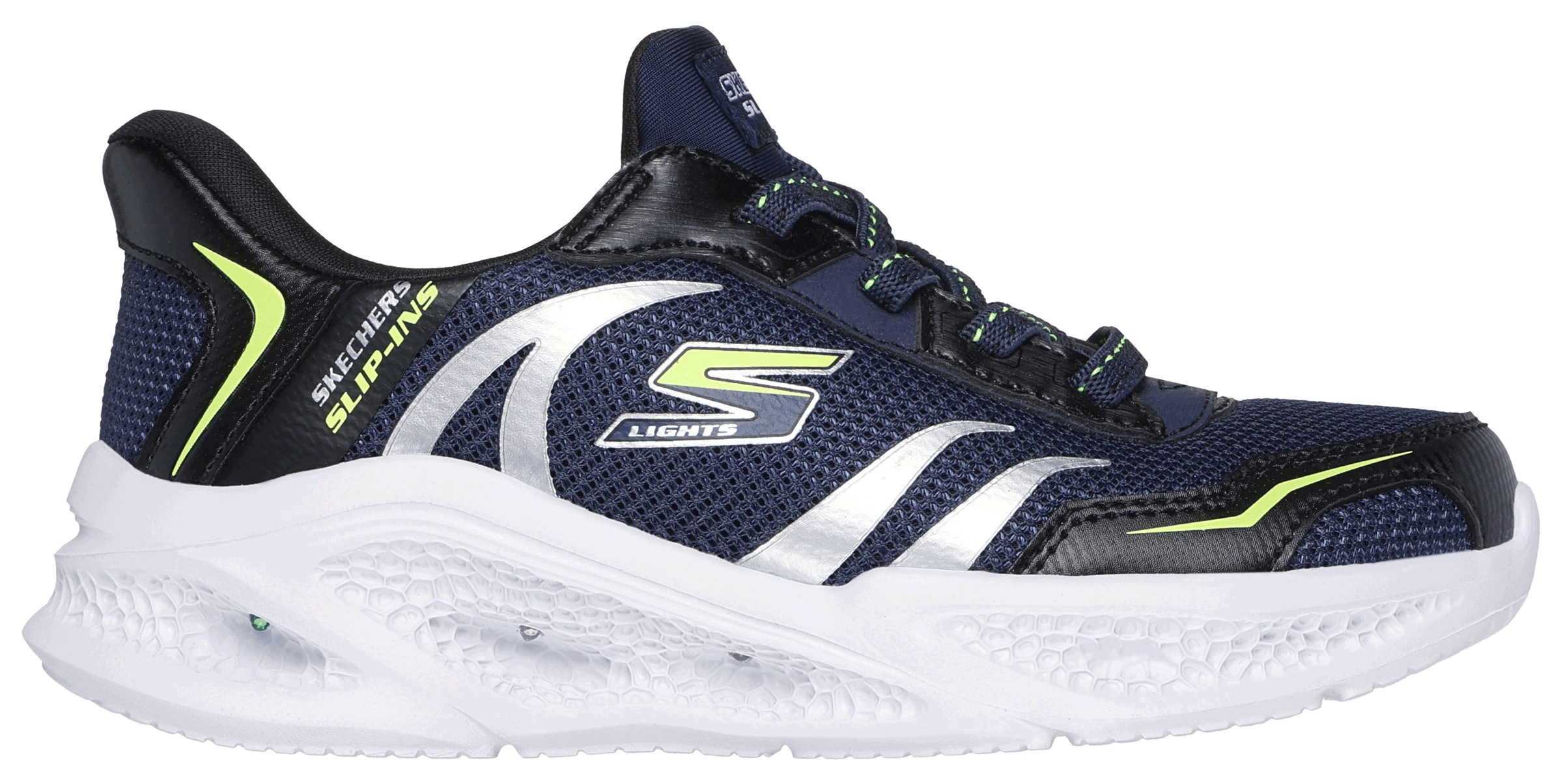 Slip-On Sneaker SKECHERS "SKECHERS METEOR-LIGHTS", Mädchen, Gr. 31, blau (navy, schwarz), Lederimitat, Textil, kontrastfarbene Details, Schuhe, Schlupfschuh mit cooler Blinkfunktion, Größenschablone zum Download 3