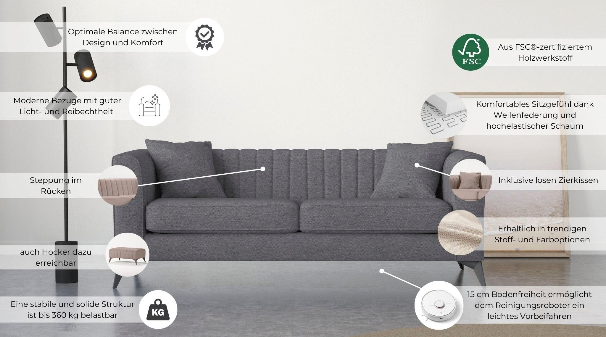 Places of Style 3-Sitzer »MATTHEW elegantes Designsofa, Maße B/T/H: 201/86/74 cm«, feine Steppung im Rückenbereich, lose Sitzkissen, incl. Zierkissen