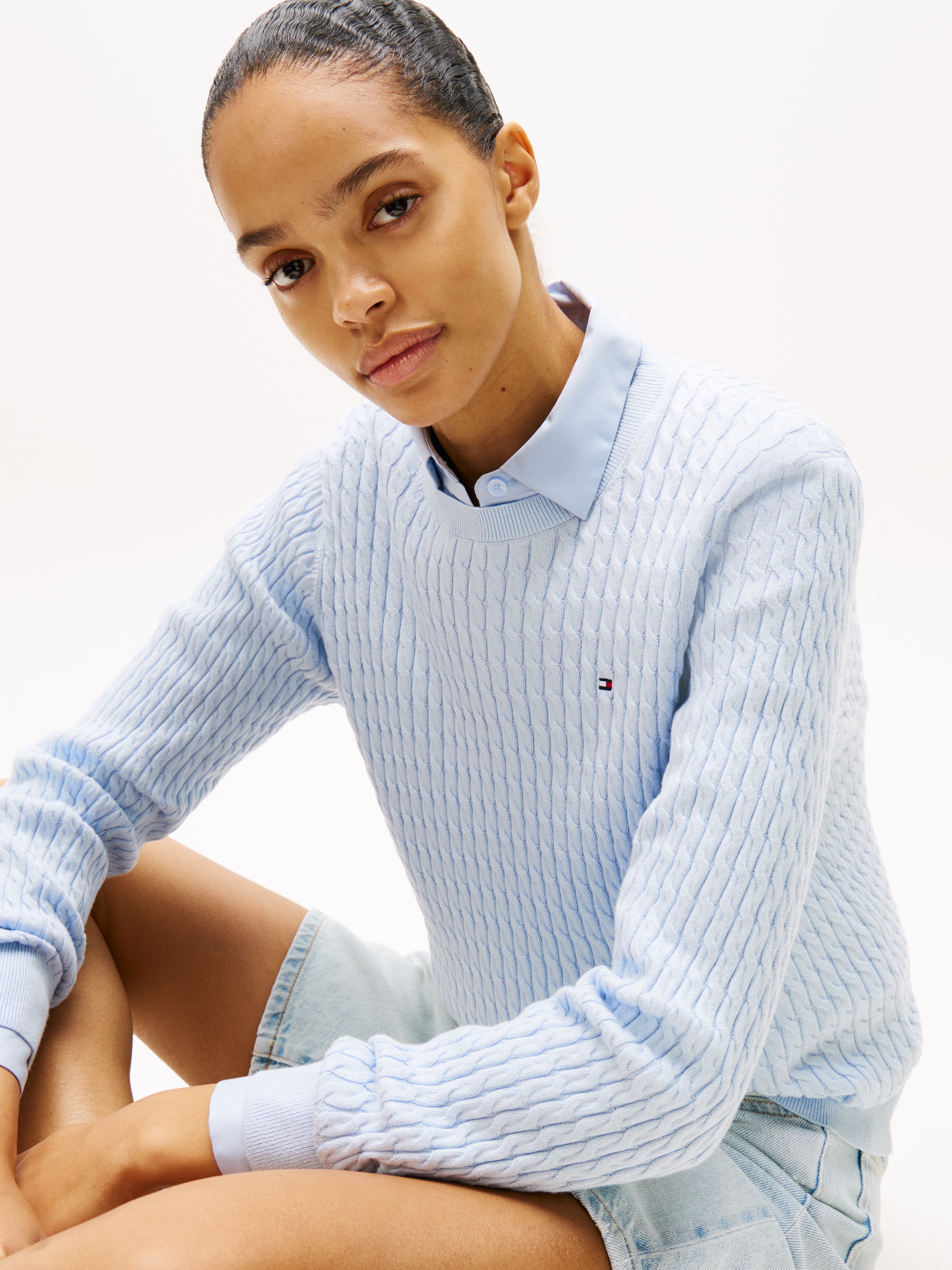 Rundhalspullover TOMMY HILFIGER "CO CABLE C-NK LS SWEATER", Damen, Gr. L (42/44), blau (breezy blau), Strick, Obermaterial: 100% Baumwolle, unifarben, regular fit normal, Rundhals, Rippstrickbündchen, Pullover Rundhalspullover, Baumwolle, mit Zopfmuster,  4