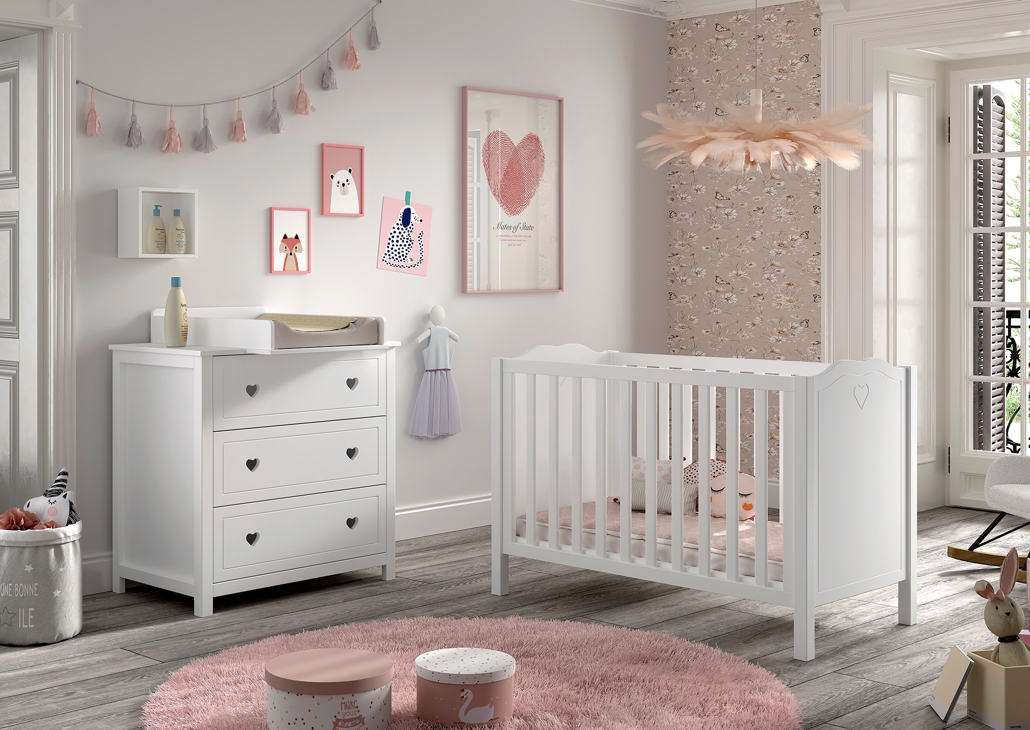 Vipack Babyzimmer-Komplettset "Amori 3-tlg. mit Herz-Ornamenten, MDF/Massiv günstig online kaufen