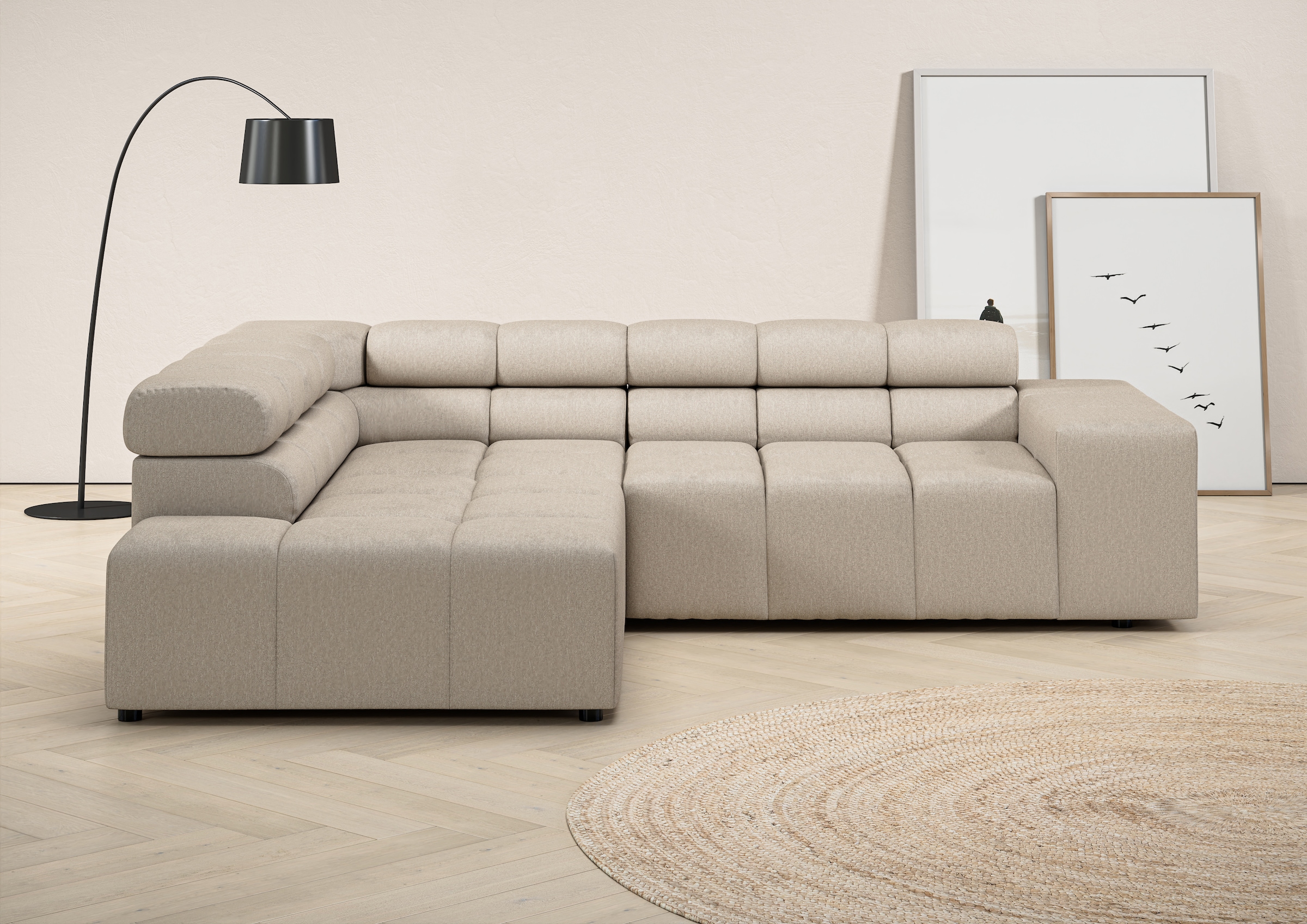 INOSIGN Ecksofa »Ancona, incl. Kopfteilverstellung + 3 Zierkissen, L-Form, bequem«, wahlweise motorische Sitztiefenverstellung, B/T(H: 249/215/70 cm