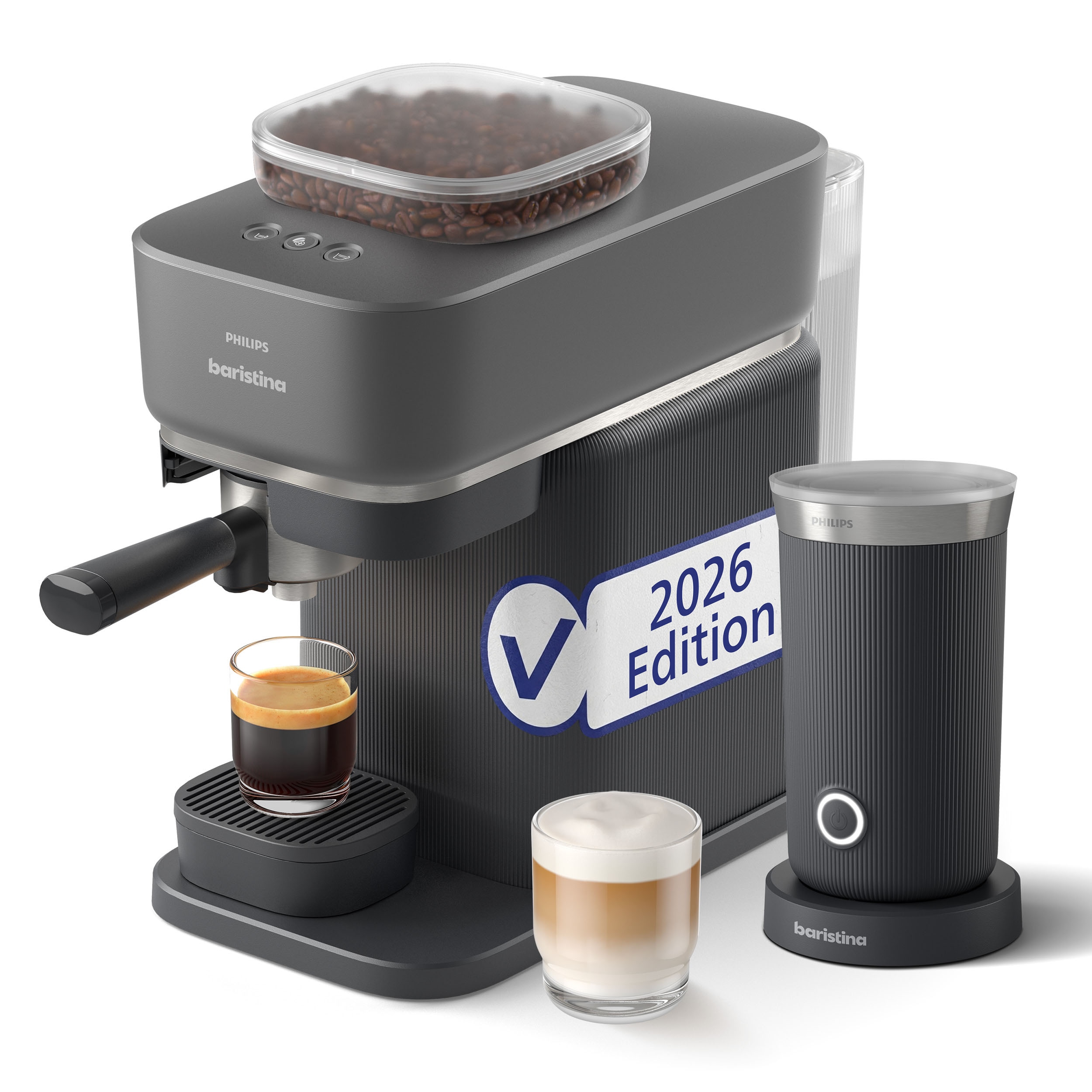 PHILIPS baristina Espressomaschine "BAR308/60 mit Mahlwerk für ganze Bohnen, Milchaufschäumer inkl." 16 bar Pumpendruck, Schwarzgrau