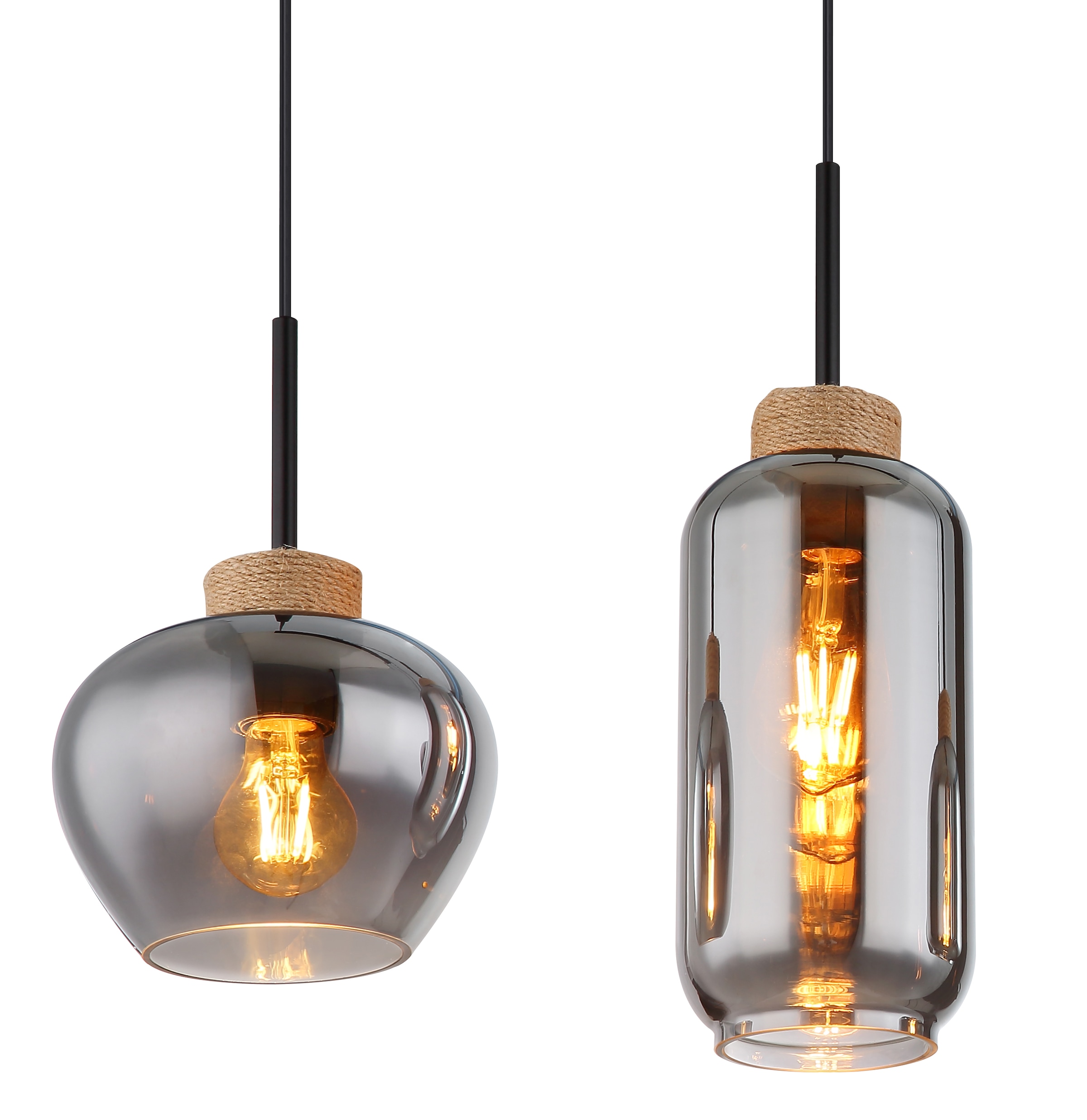 GLOBO LIGHTING Hängeleuchte »MATT« E27 1 Stk. Hängeleuchte Schwarz/Hanf, Rauchglas, 4 Gläser, höhenkürzbar, E27