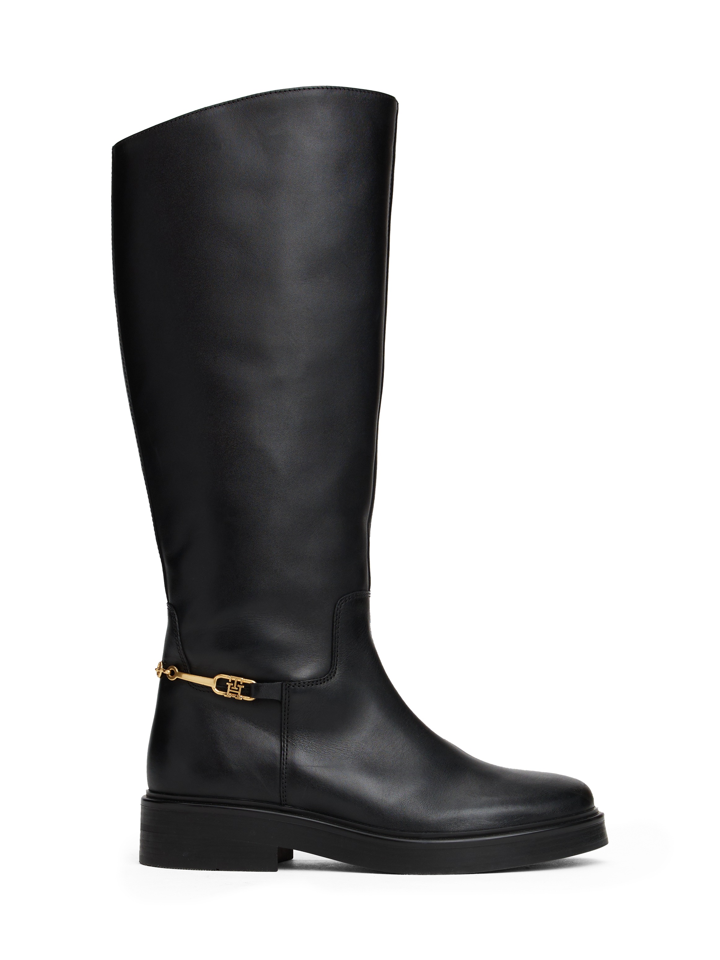Tommy Hilfiger Stiefel »TH HORSEBIT RIDING LONG BOOT«, Blockabsatz, Langschaftstiefel, goldfarbene Zierkette an der Ferse
