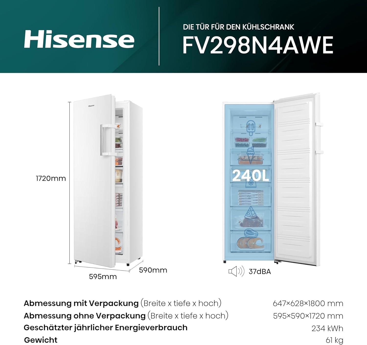 Hisense Gefrierschrank »FV298N4AWE«, 172 cm hoch, 59,5 cm breit, NoFrost - nie wieder abtauen!