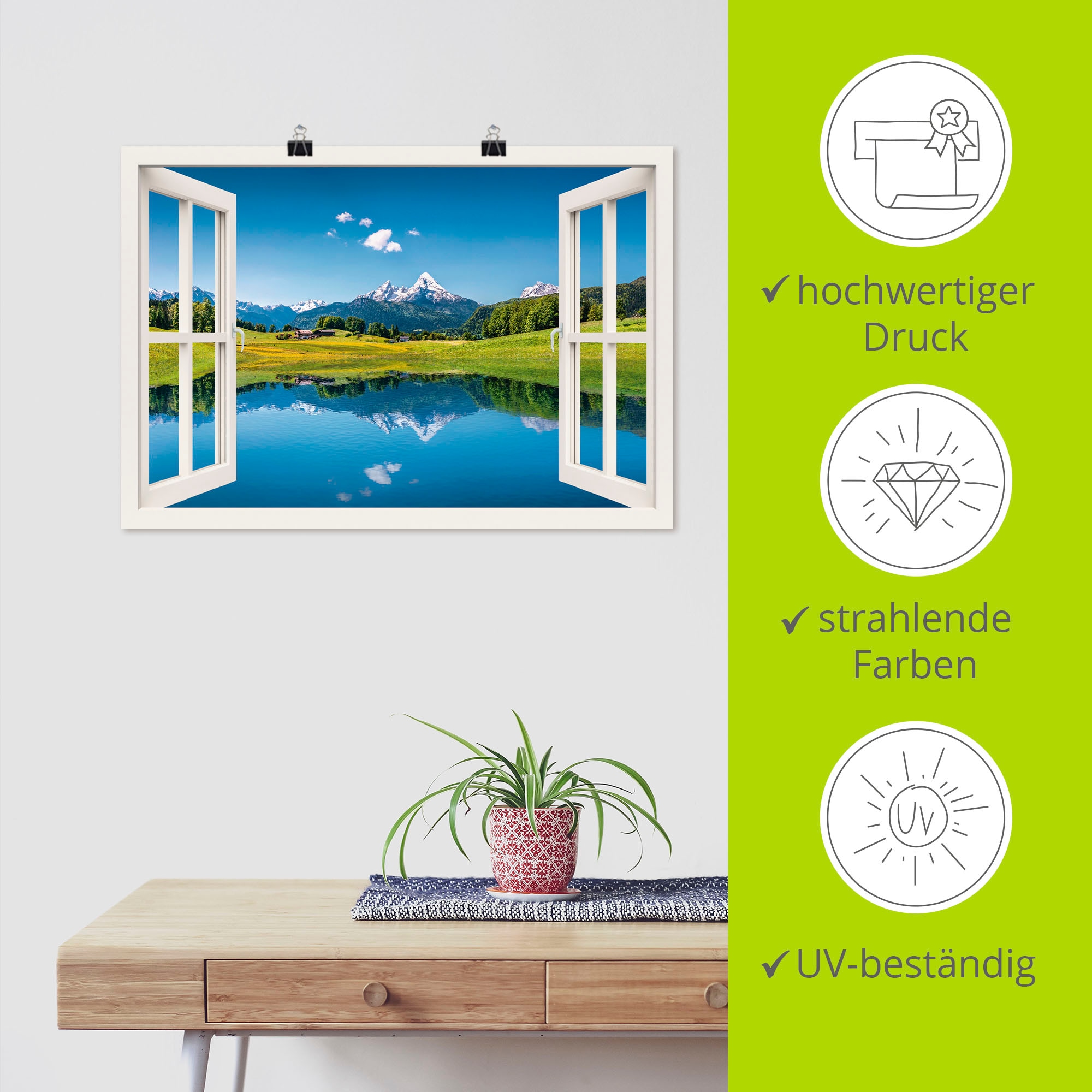 Artland Wandbild »Fensterblick Alpen und Bergsee«, Berge, (1 St.), als Leinwandbild, Poster, Wandaufkleber in verschied. Größen