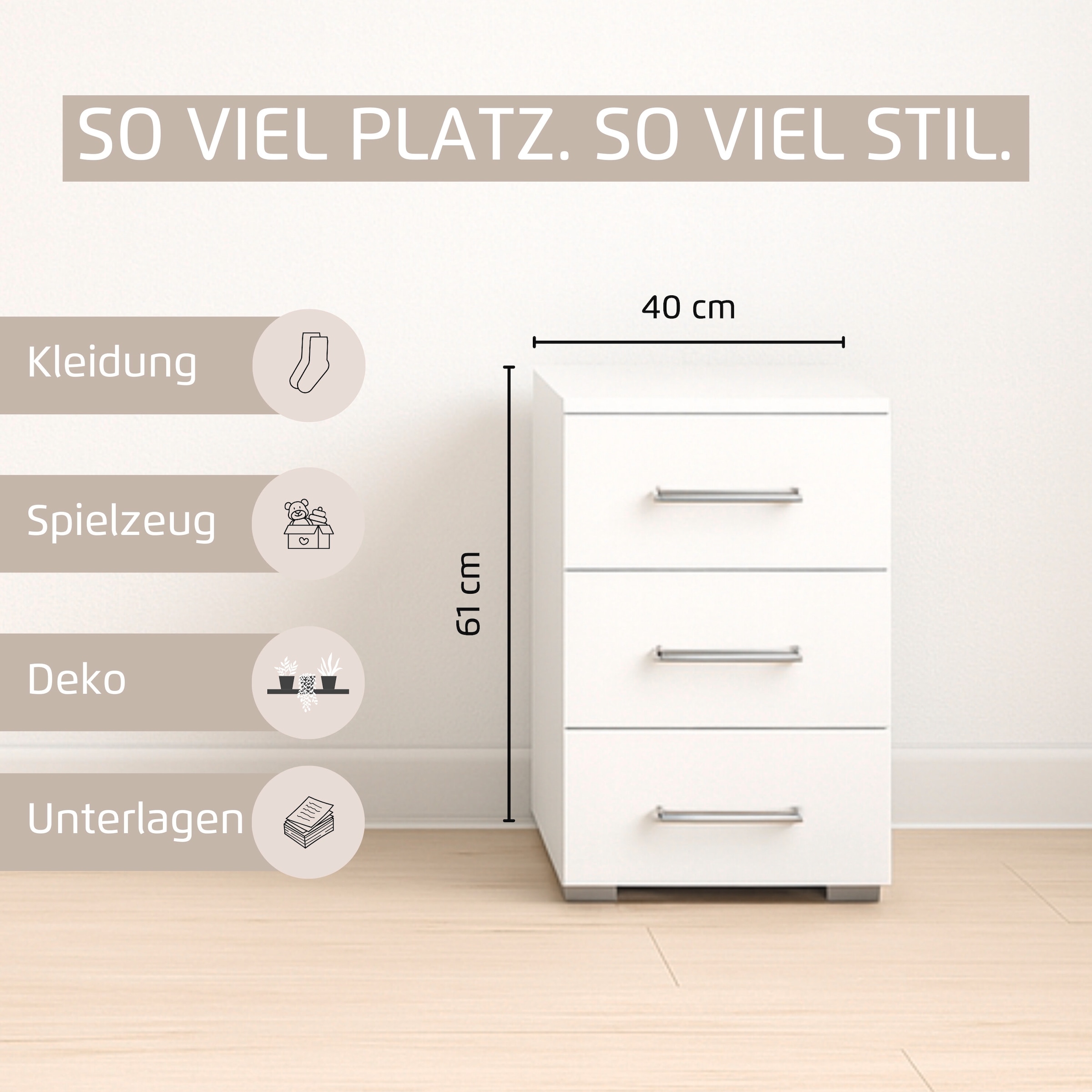 rauch Nachtkommode »Gamma« Breite 40 cm / Höhe 61 cm, verschiedene Griffvarianten/-Farben,  mit 3 geräumigen Schubladen MADE IN GERMANY