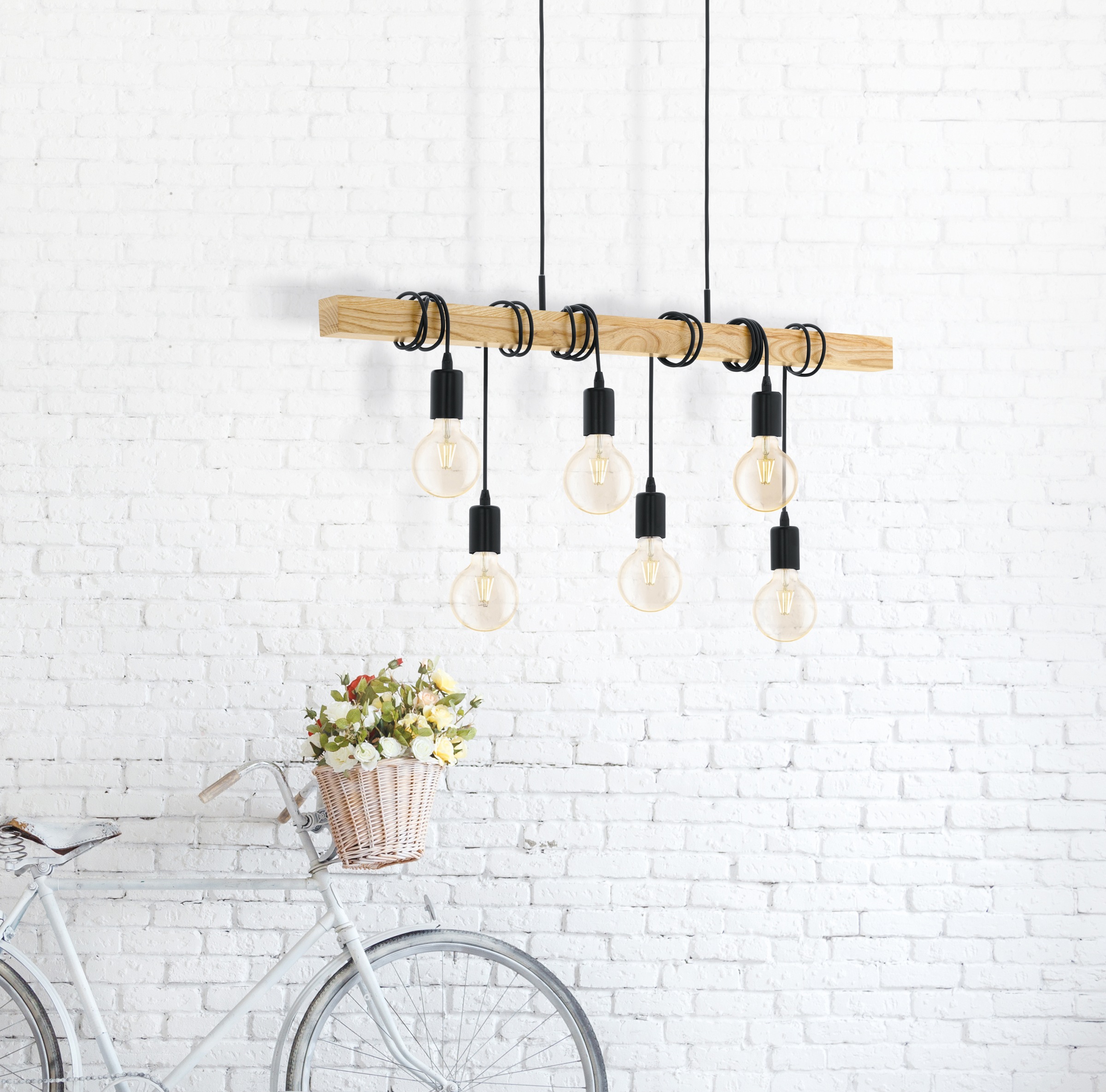 EGLO Pendelleuchte »TOWNSHEND«, 6 flammig, Leuchtmittel E27 | ohne Leuchtmittel, schwarz, braun / L100 x H110 x B10 cm / Retro / Vintage / Esstisch