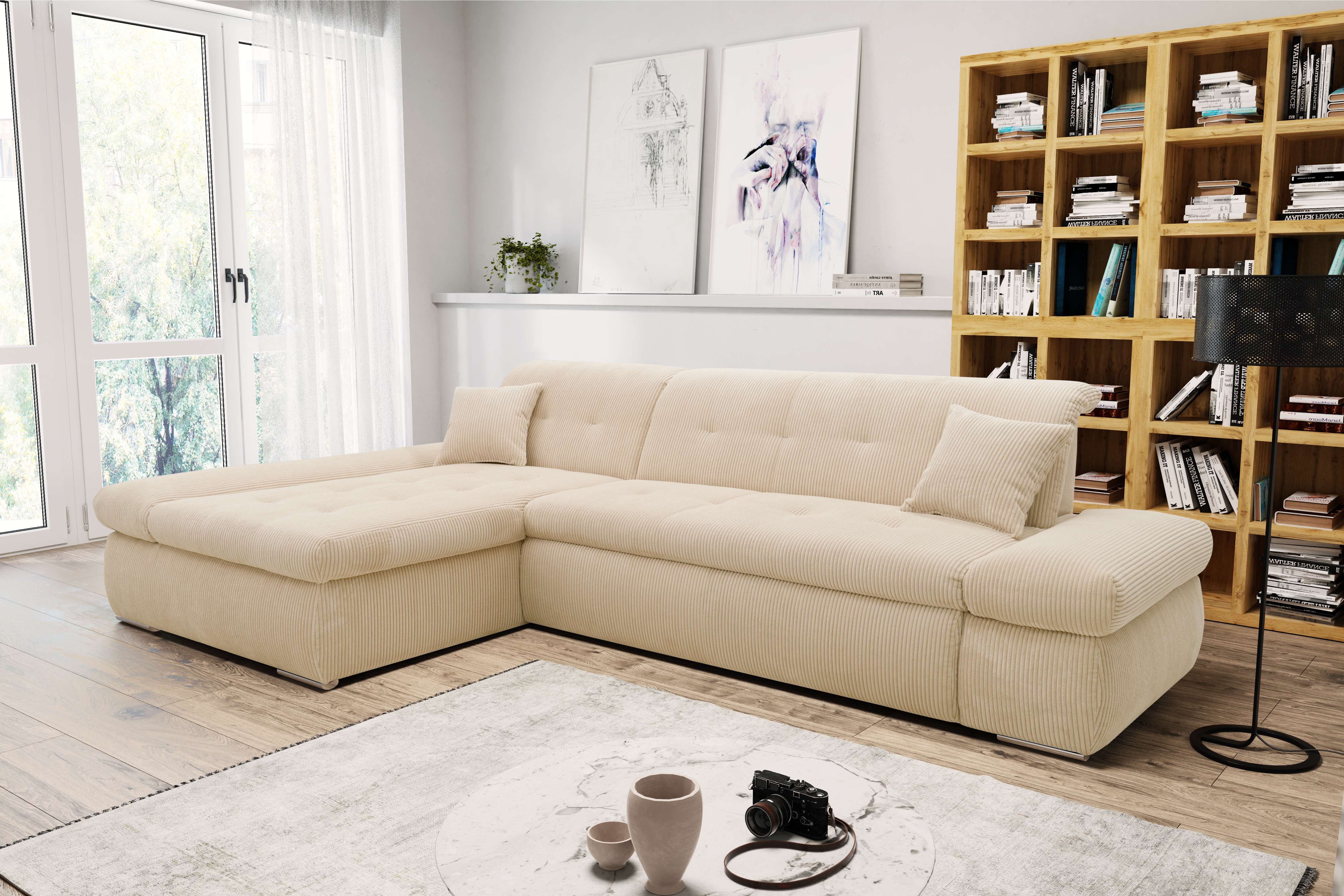 DOMO collection Ecksofa "MORIC Massiv - Belastbar bis 140 kgxSitz, 300x172 cm, XXL-Format" L-Form, Cord, creme