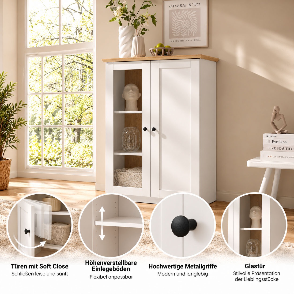 OTTO home Vitrine »Brest, Standvitrine im Landhausstil, Glasvitrine, Vitrinenschrank« schwarze Metallgriffe, ausreichend Stauraum, Glastür, 123 cm hoch