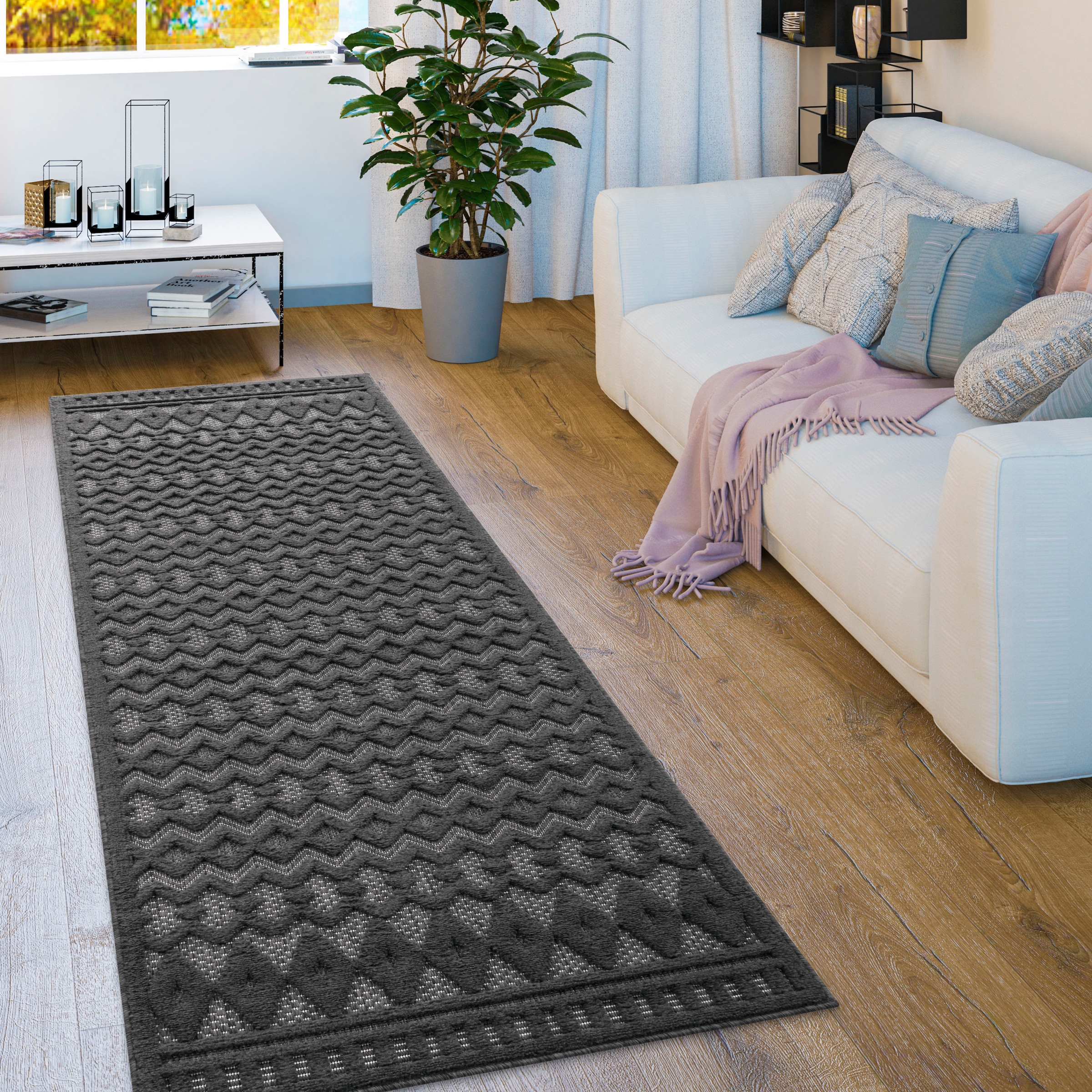 Paco Home Teppich »Livorno 671«, rechteckig, 14 mm Höhe, Uni-Farben, Scandi, Rauten Muster, Hoch-Tief Effekt, Outdoor geeignet