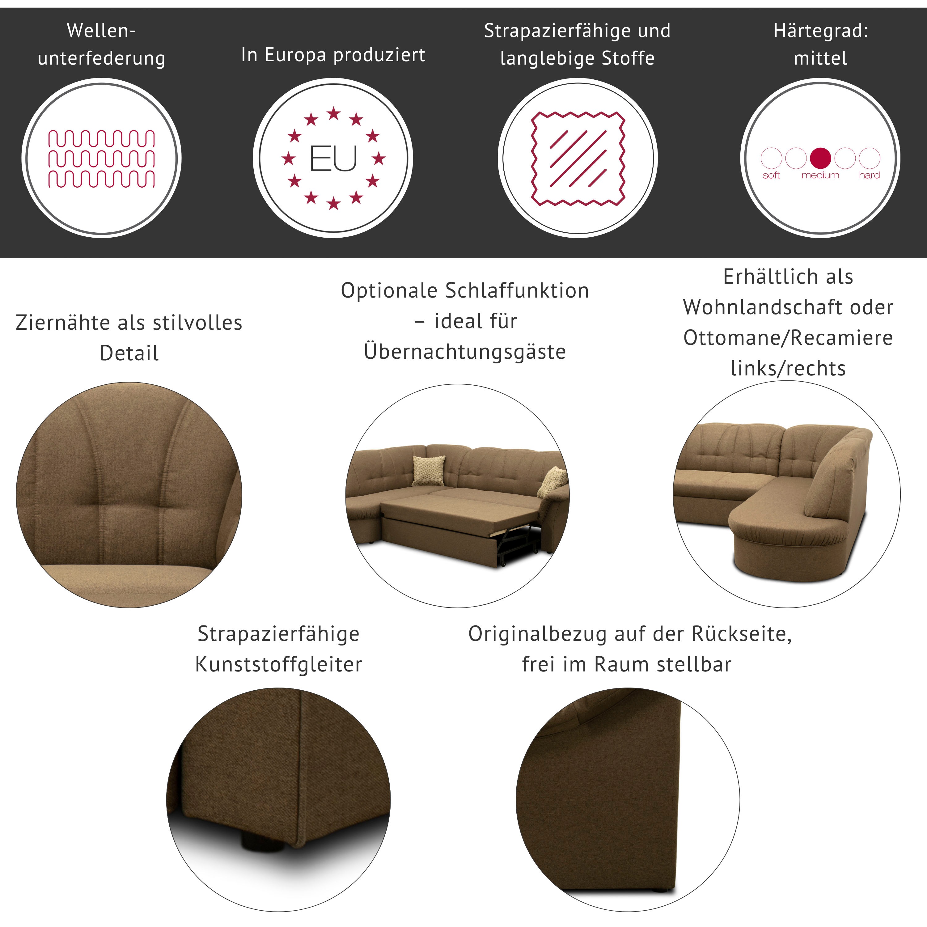 Thumbnail - DOMO collection Ecksofa "Pegnitz, elegante Rückensteppung, kompakte Stellmaße 238/141cm, L-Form" wahlweise mit Bettfunkt...